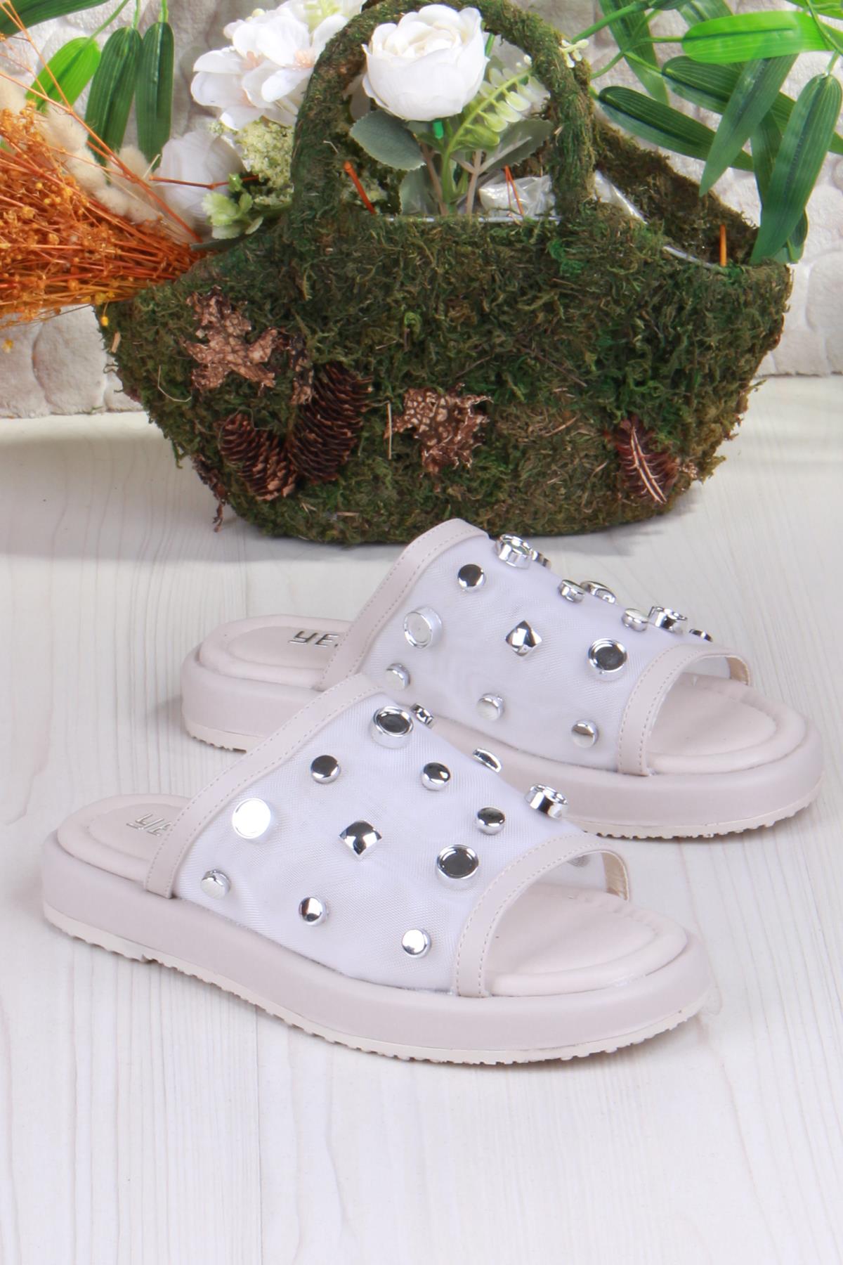 5054 Keçeli Tül Taş Detaylı Rahat Şık Kadın Terlik - Görsel 5