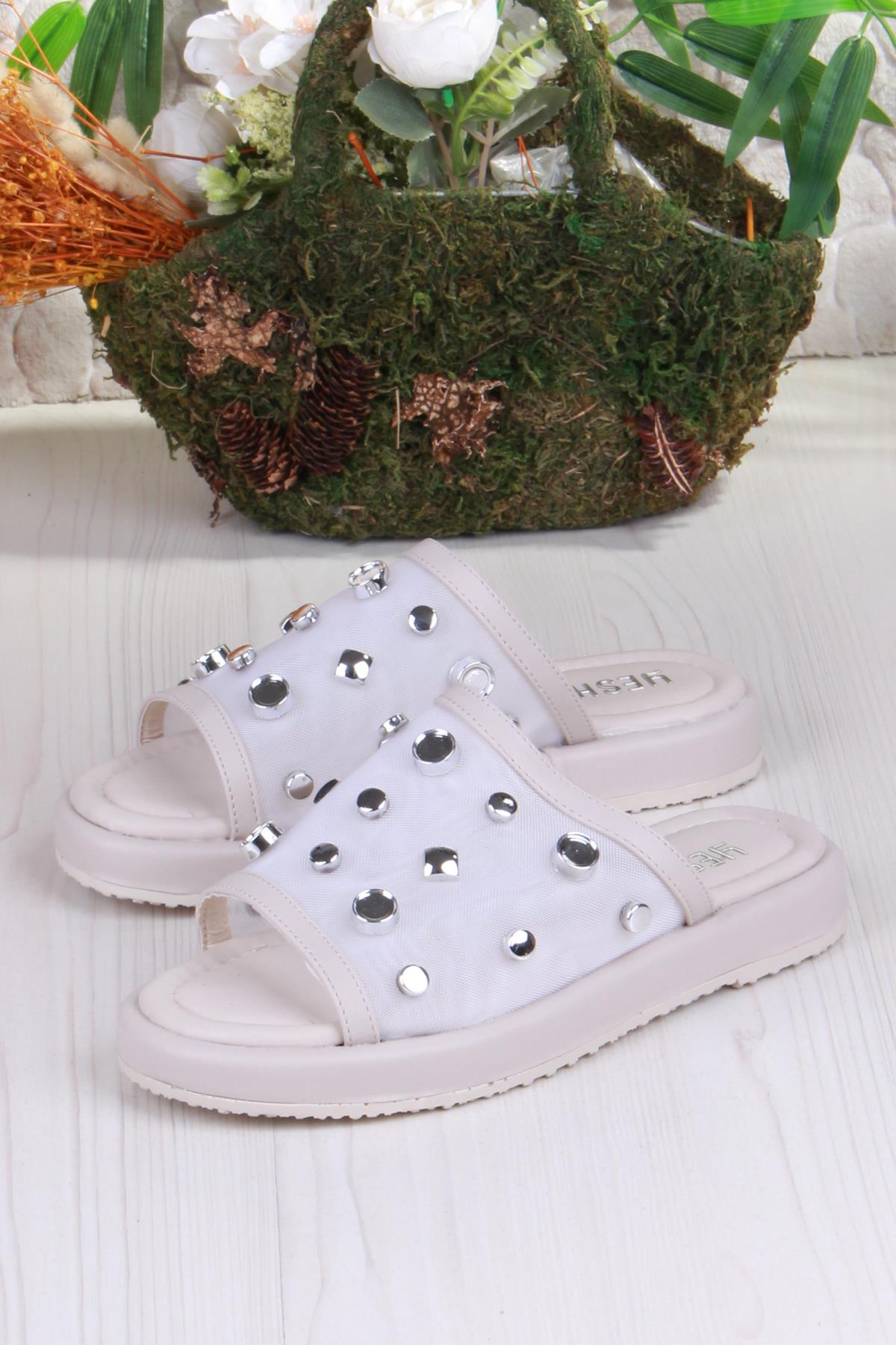 5054 Keçeli Tül Taş Detaylı Rahat Şık Kadın Terlik - Görsel 6