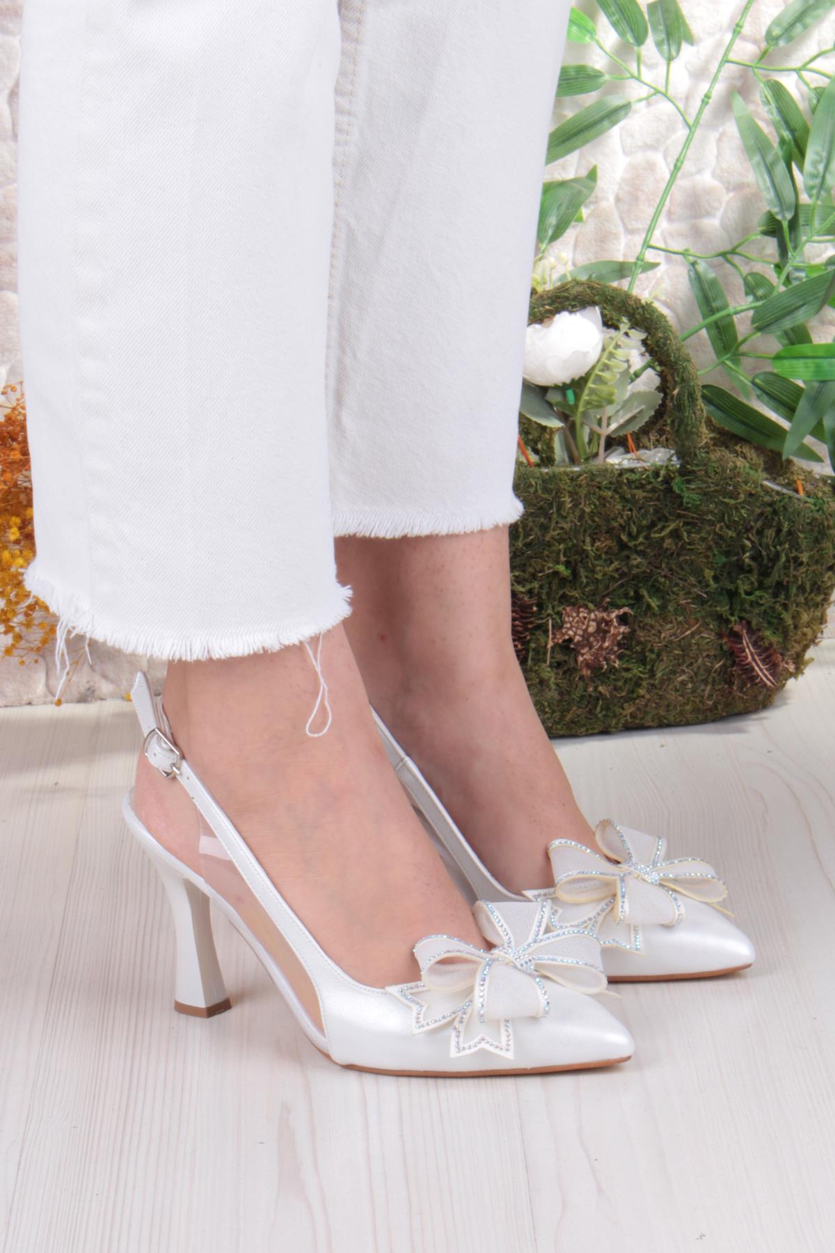 35387 Jena Simli Taşlı Fiyonk Detaylı Önü Kapalı Arkası Açık Topuklu Kadın Ayakkabı - Görsel 4