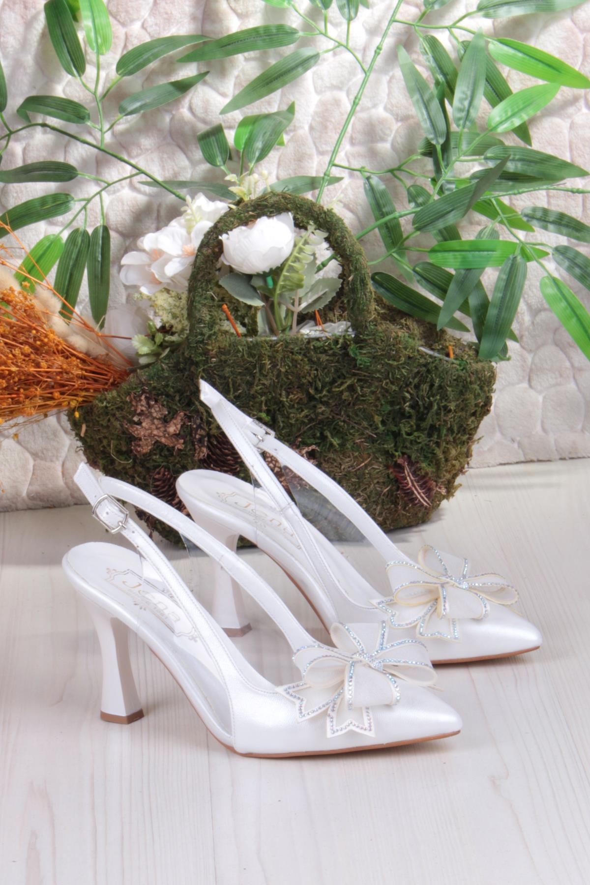 35387 Jena Simli Taşlı Fiyonk Detaylı Önü Kapalı Arkası Açık Topuklu Kadın Ayakkabı - Görsel 6