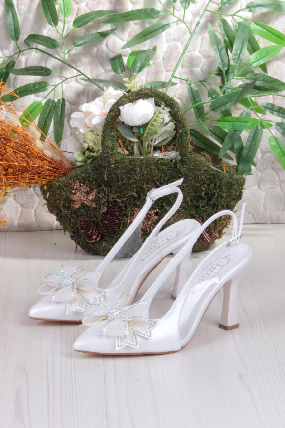 35387 Jena Simli Taşlı Fiyonk Detaylı Önü Kapalı Arkası Açık Topuklu Kadın Ayakkabı - Görsel 7