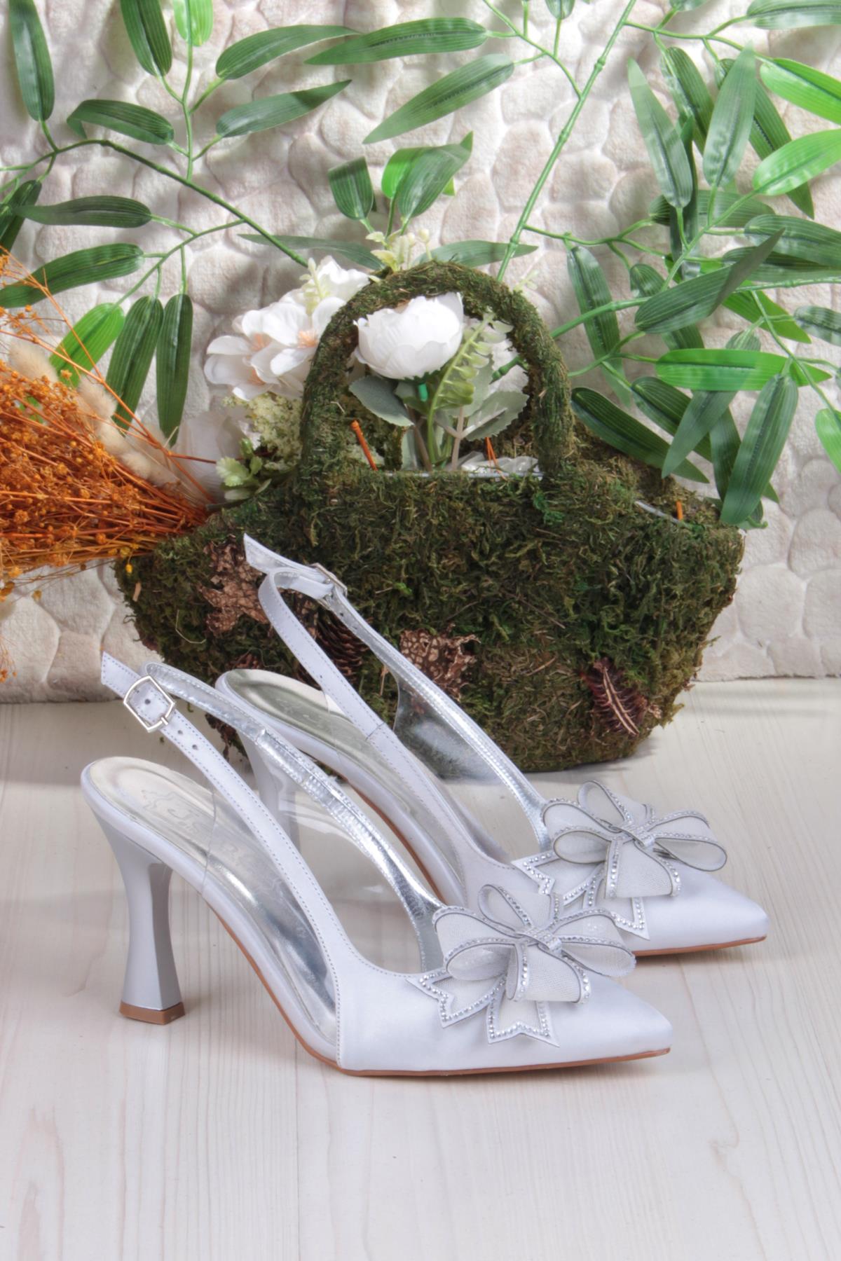 35387 Jena Simli Taşlı Fiyonk Detaylı Önü Kapalı Arkası Açık Topuklu Kadın Ayakkabı - Görsel 6