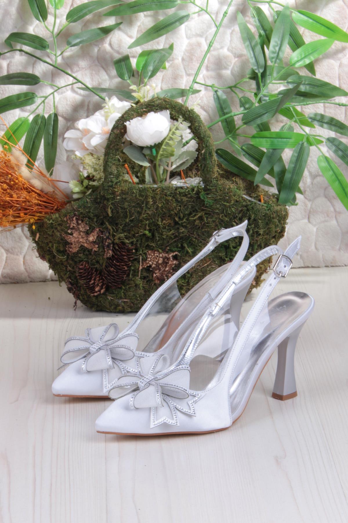 35387 Jena Simli Taşlı Fiyonk Detaylı Önü Kapalı Arkası Açık Topuklu Kadın Ayakkabı - Görsel 7