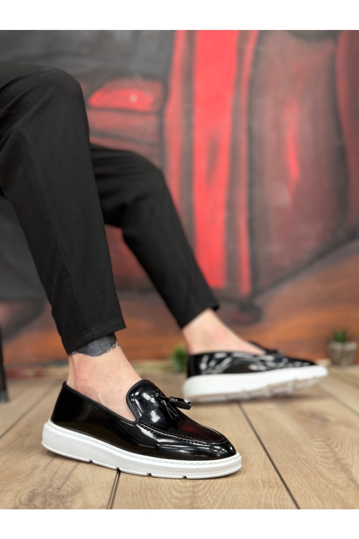 Bağcıksız Püsküllü Erkek Ayakkabı SİYAH RUGAN (BEYAZ TABAN) - Görsel 2