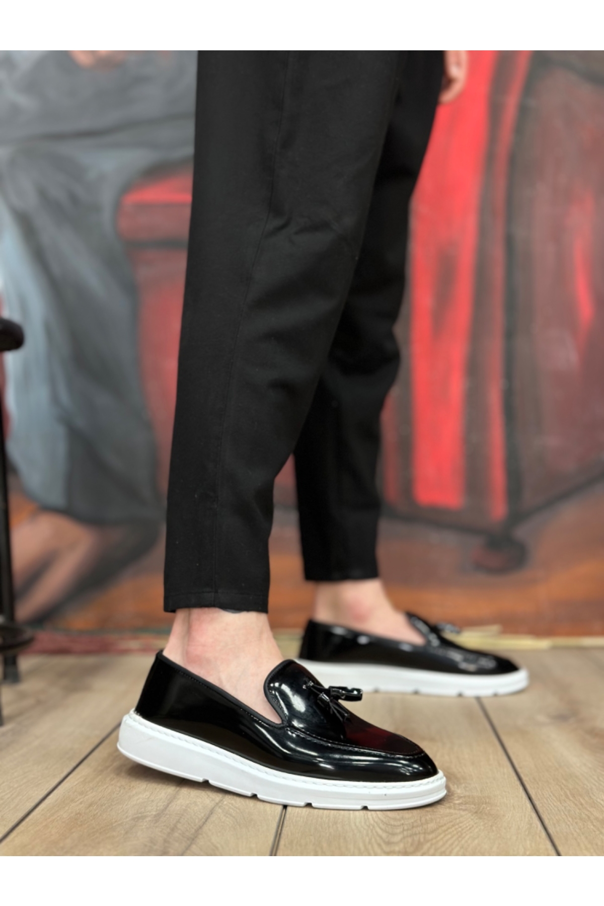 Bağcıksız Püsküllü Erkek Ayakkabı SİYAH RUGAN (BEYAZ TABAN) - Görsel 3