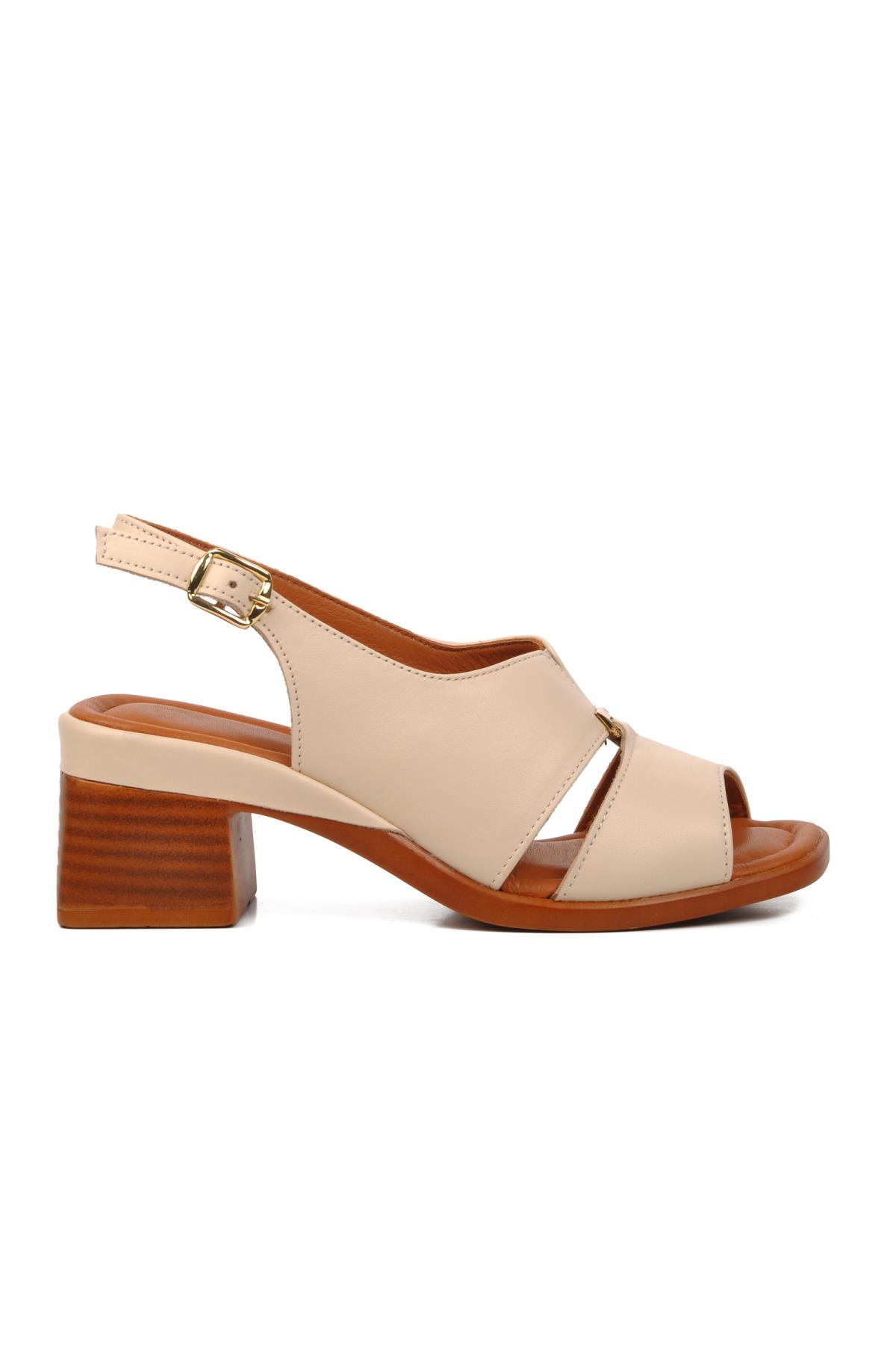 2311510Y Bej Hakiki Deri Kadın Topuklu Sandalet - Görsel 9
