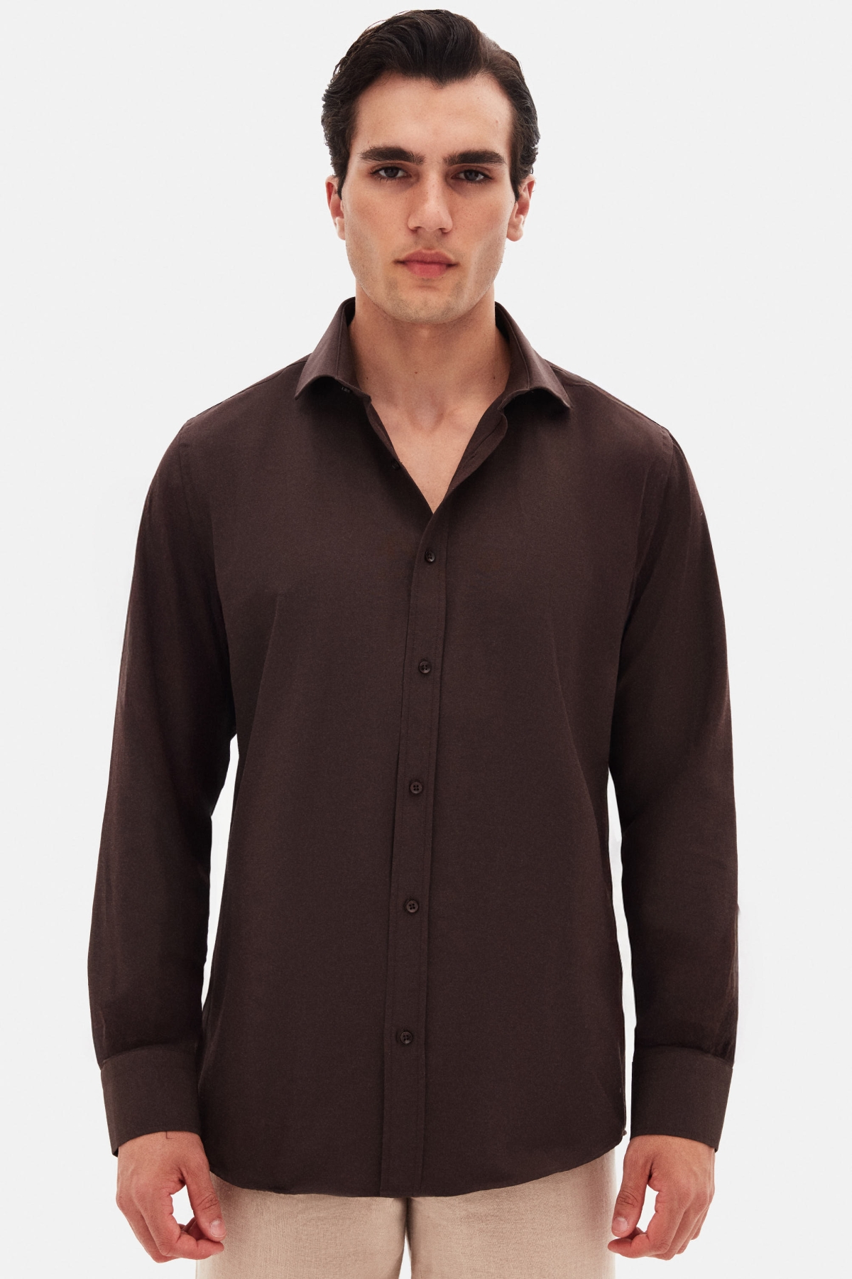 D'S damatDs Damat Slim Fit Acı Kahve Klasik Kravatlık Uzun Kol Kolay Ütülenebilir Gömlek