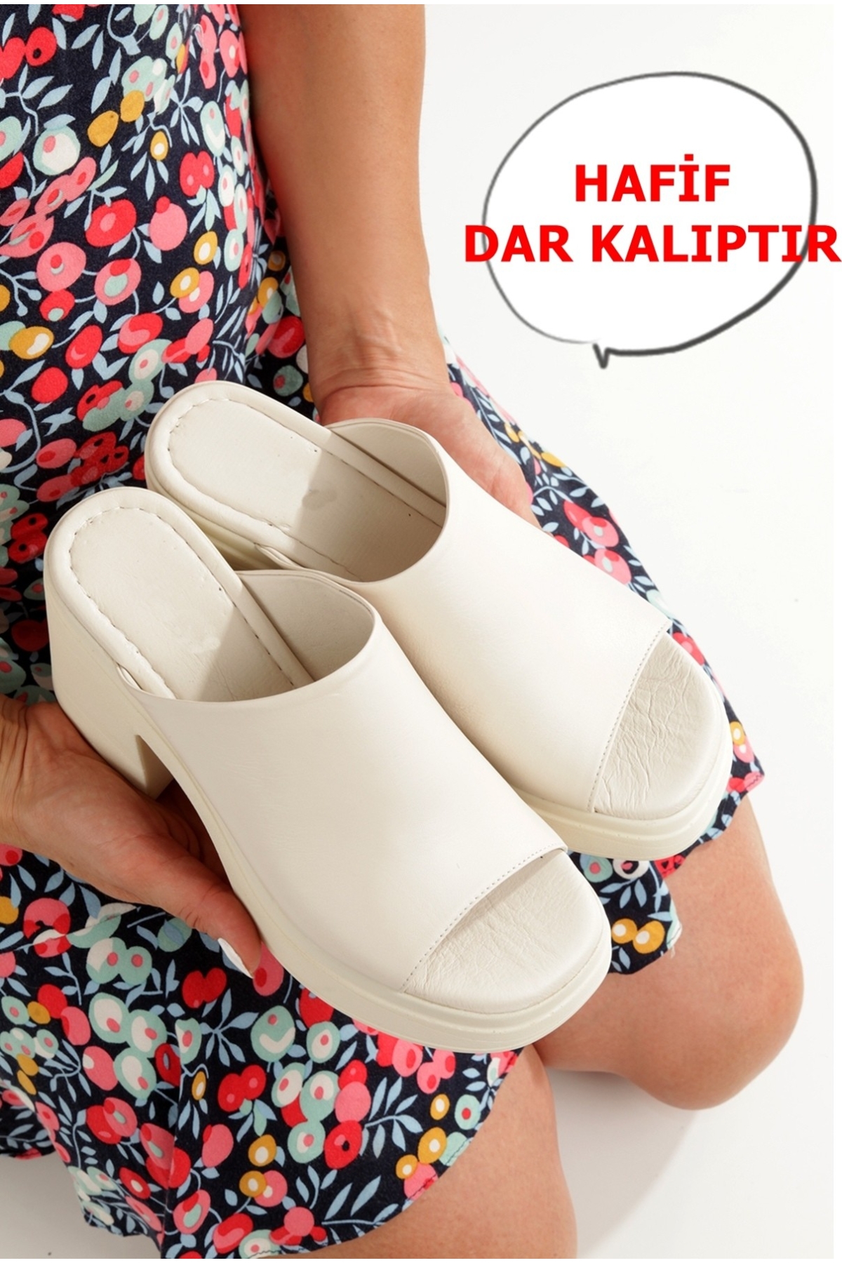 Forela Kırık Beyaz Hakiki Deri Kalın Taban Yüksek Platform Terlik - Görsel 3