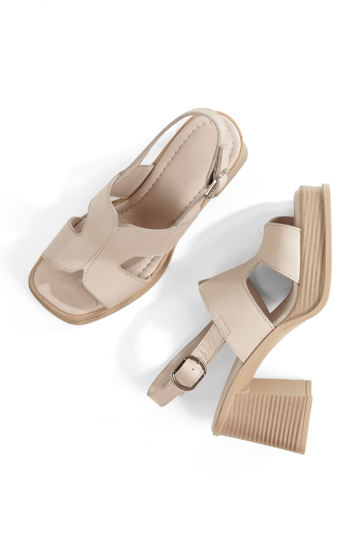 Nadiya Krem Taş Rengi Hakiki Deri Yüksek Kalın Platform Topuklu Kadın Ayakkabı - Görsel 5