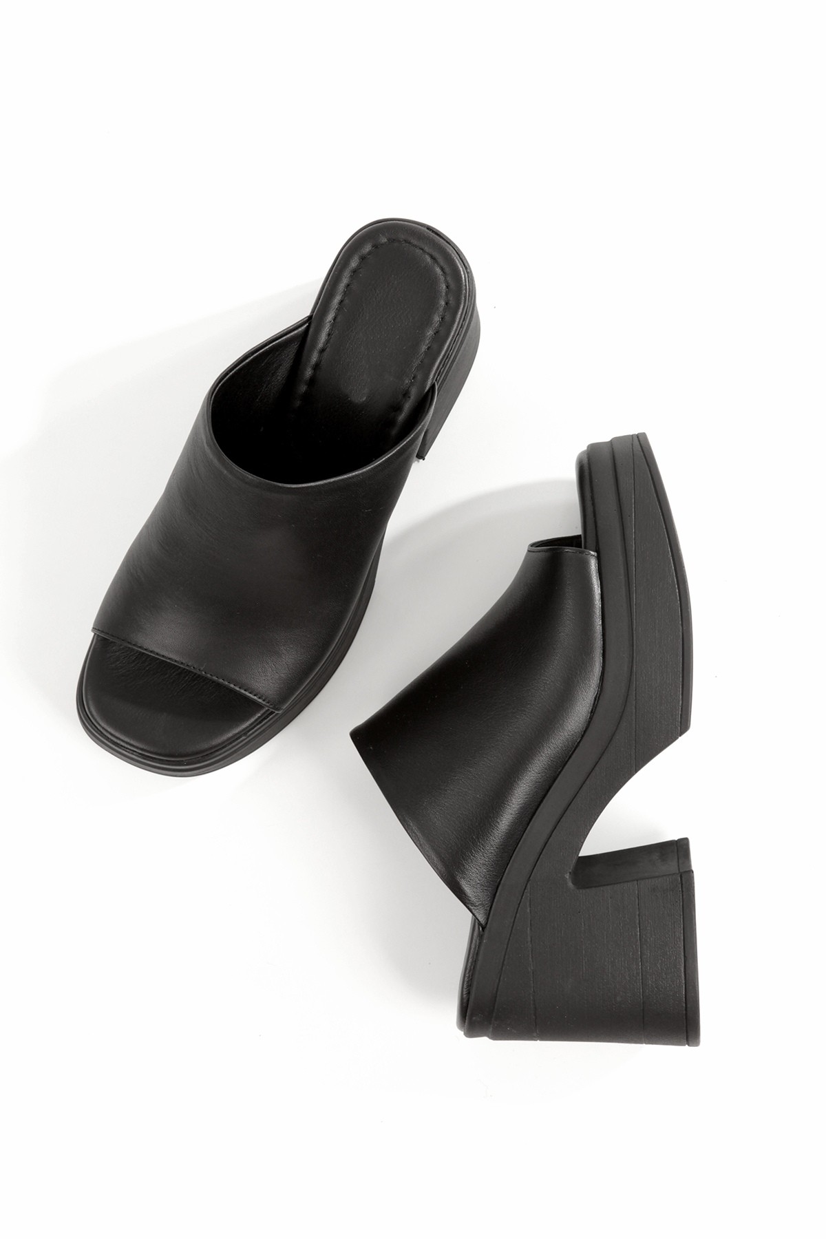 Forela Siyah Hakiki Deri Kalın Taban Yüksek Platform Terlik - Görsel 5