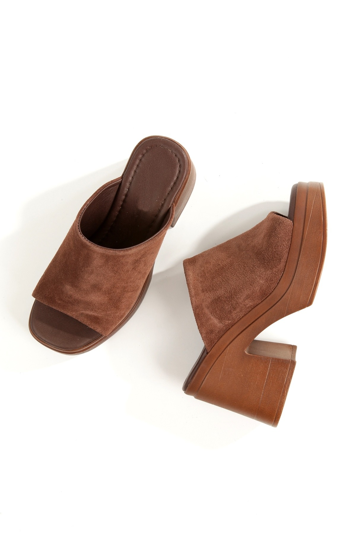 Forela Acı Kahve Süet Hakiki Deri Kalın Taban Yüksek Platform Terlik - Görsel 5