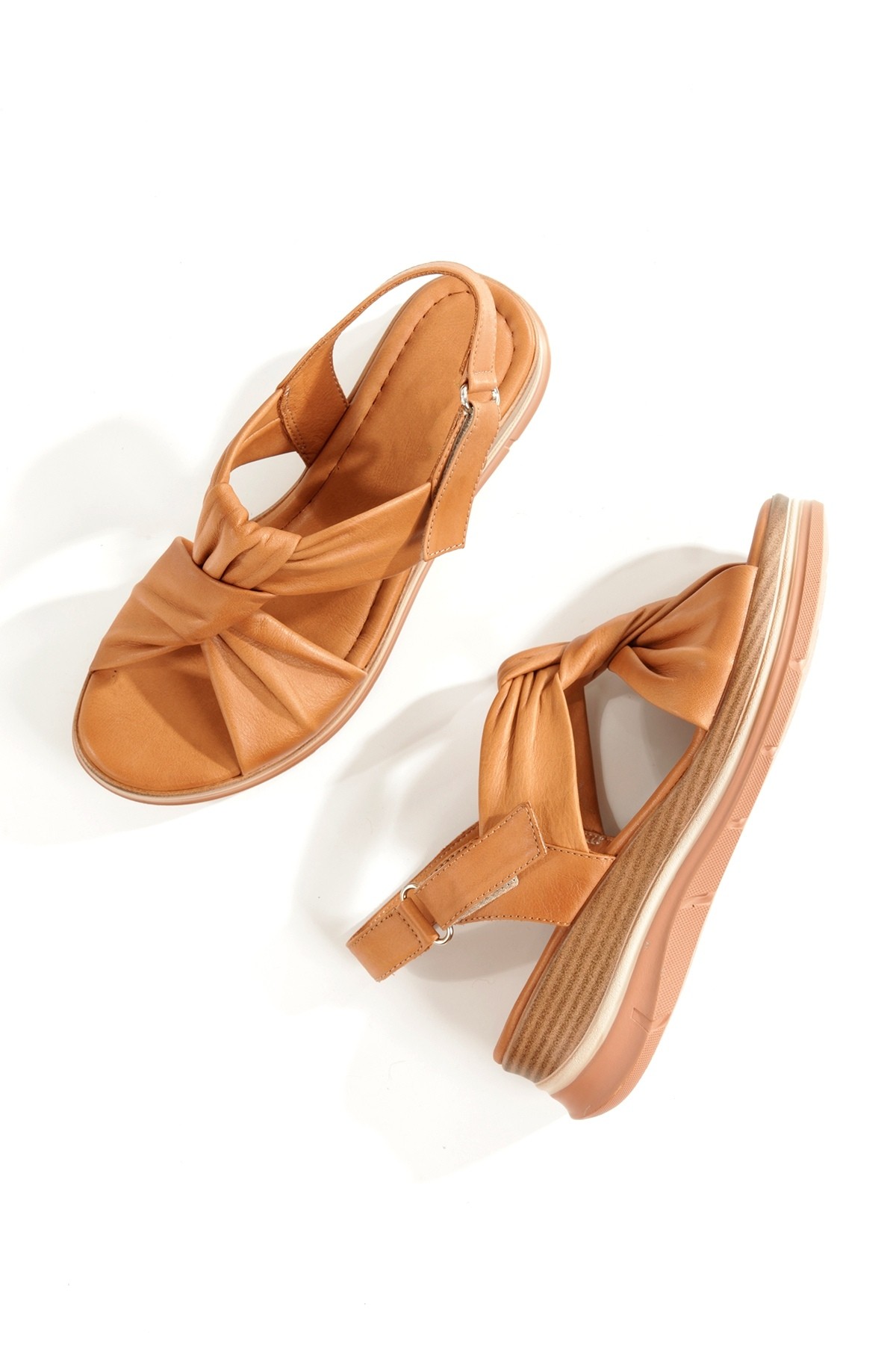 Linyas Taba Hakiki Deri Yazlık Sandalet Dolgu Topuklu Cırtlı Ayakkabı - Görsel 3
