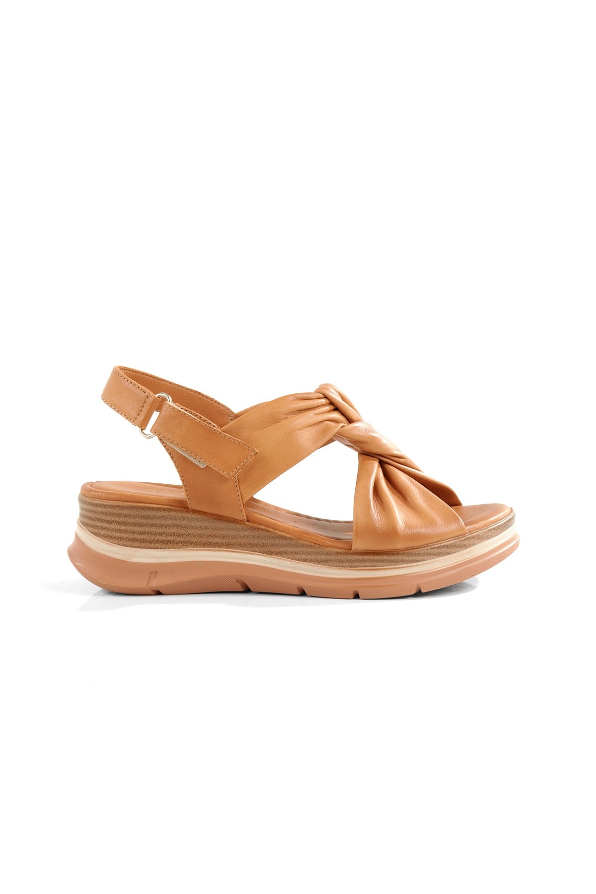 Linyas Taba Hakiki Deri Yazlık Sandalet Dolgu Topuklu Cırtlı Ayakkabı - Görsel 6