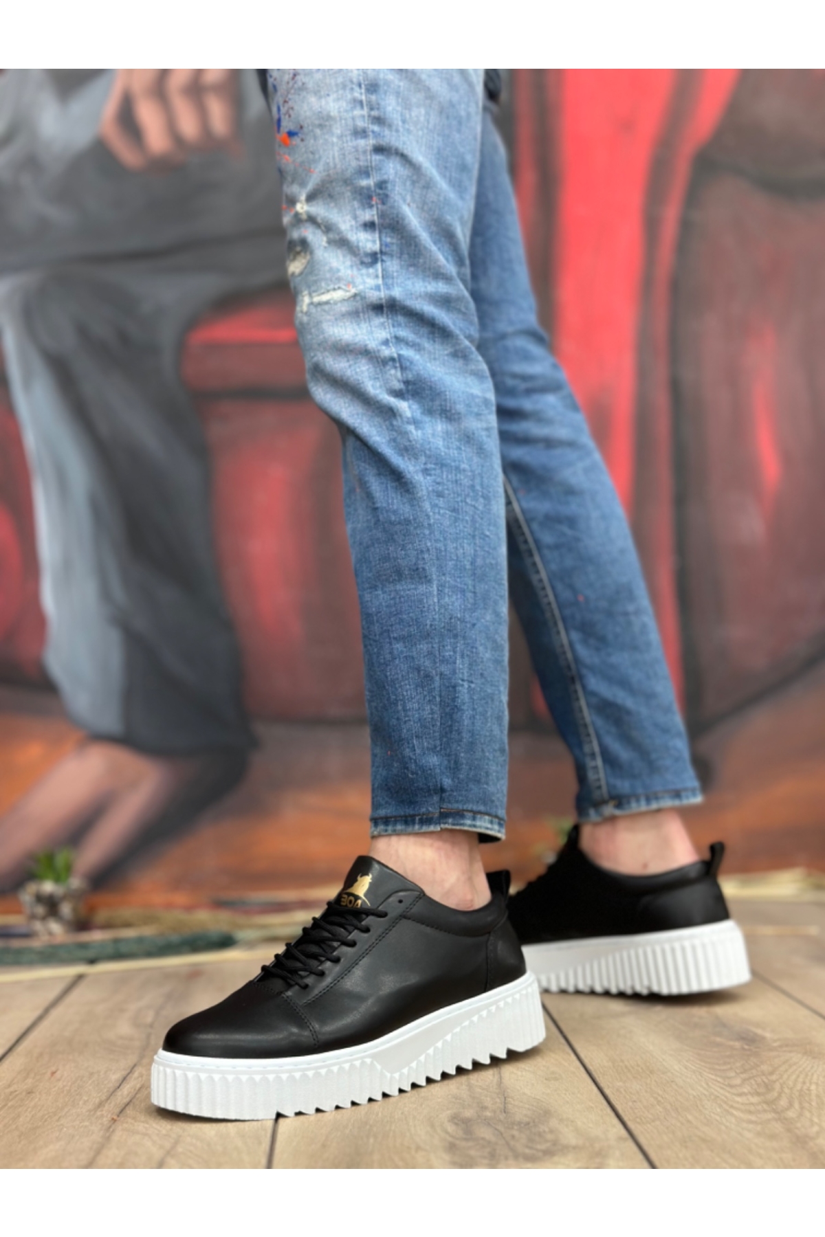 Bağcıklı Erkek Ayakkabı SİYAH (BEYAZ TABAN) - Görsel 4