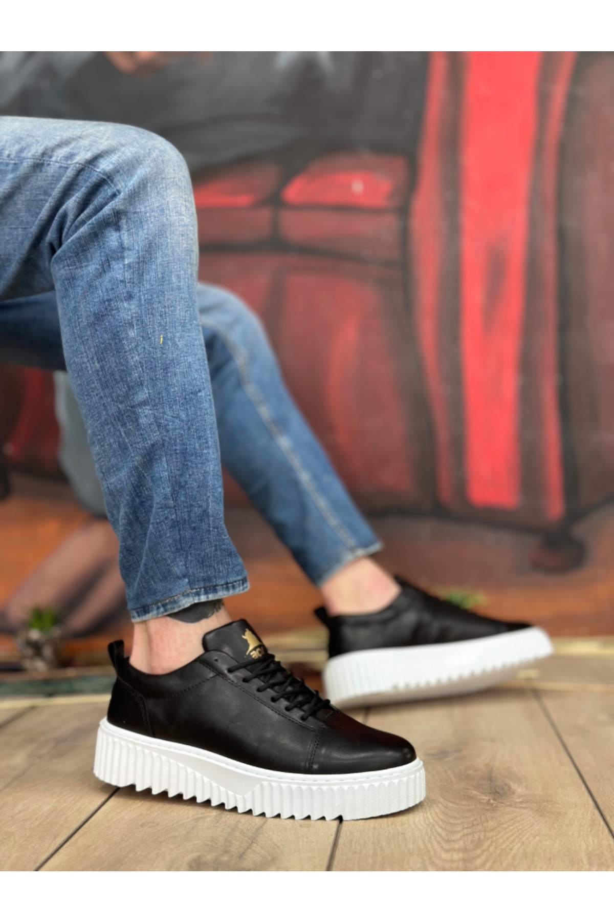 Bağcıklı Erkek Ayakkabı SİYAH (BEYAZ TABAN) - Görsel 5