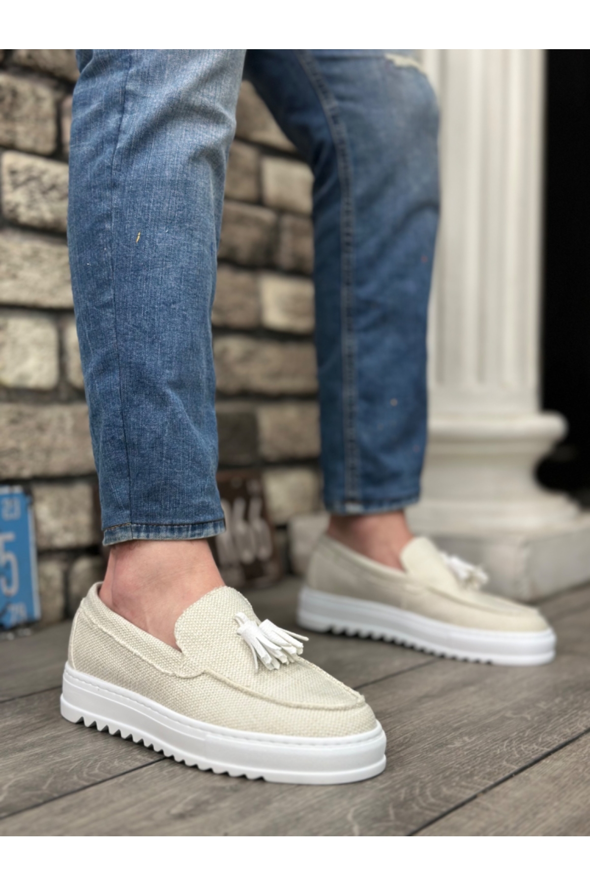 Bağcıksız Püsküllü Keten Erkek Ayakkabı BEYAZ (BEYAZ TABAN) - Görsel 2