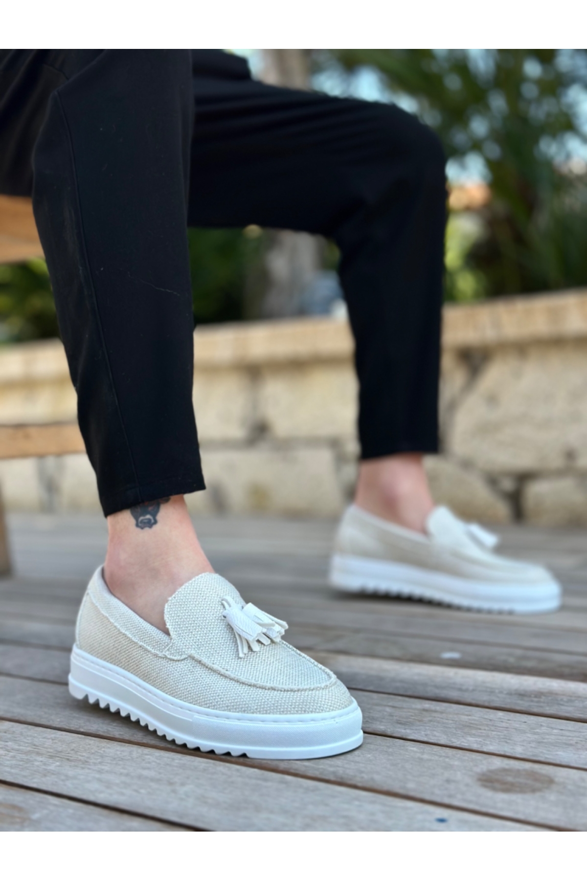 Bağcıksız Püsküllü Keten Erkek Ayakkabı BEYAZ (BEYAZ TABAN) - Görsel 3