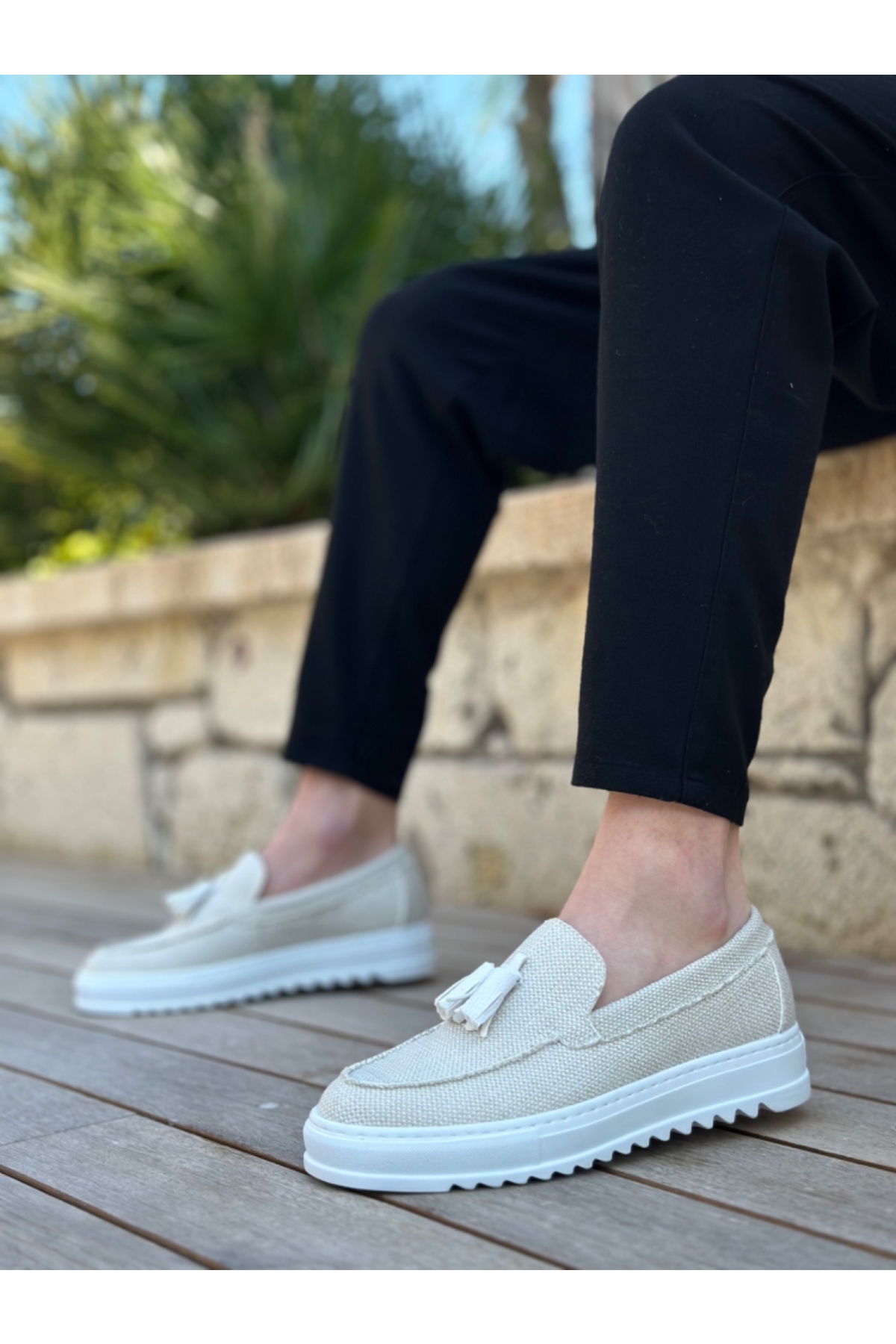 Bağcıksız Püsküllü Keten Erkek Ayakkabı BEYAZ (BEYAZ TABAN) - Görsel 5