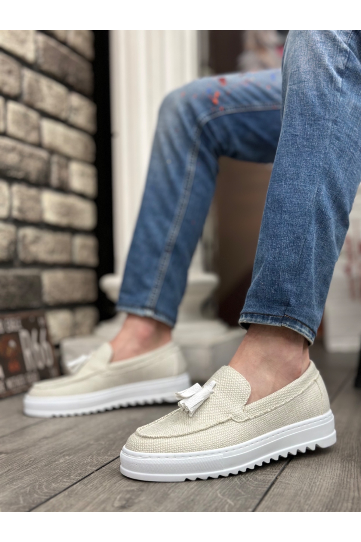 Bağcıksız Püsküllü Keten Erkek Ayakkabı BEYAZ (BEYAZ TABAN) - Görsel 6
