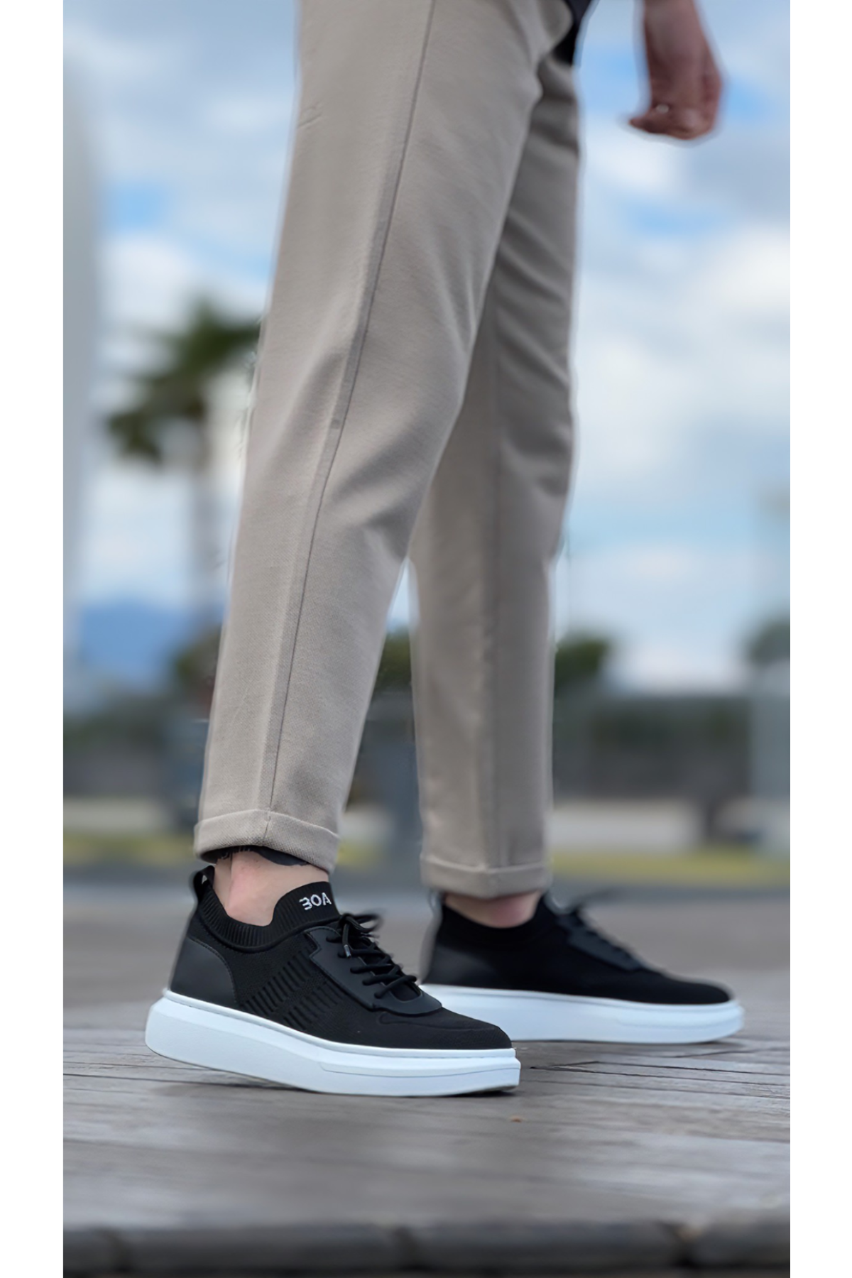 Bağcık Detaylı Triko Erkek Spor Ayakkabı SİYAH (BEYAZ TABAN) - Görsel 2