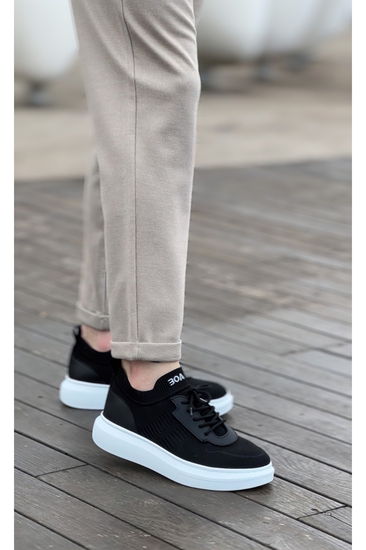 Bağcık Detaylı Triko Erkek Spor Ayakkabı SİYAH (BEYAZ TABAN) - Görsel 3