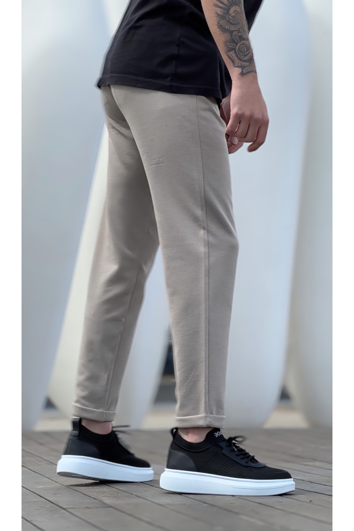 Bağcık Detaylı Triko Erkek Spor Ayakkabı SİYAH (BEYAZ TABAN) - Görsel 4