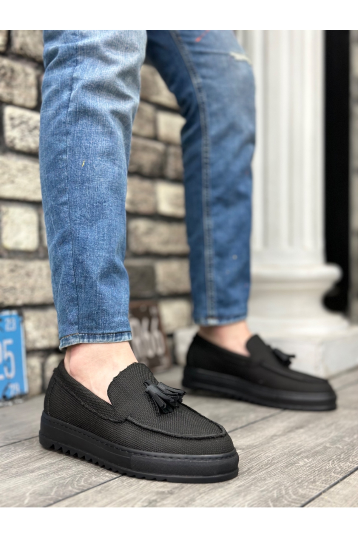 Bağcıksız Püsküllü Keten Erkek Ayakkabı SİYAH (SİYAH TABAN) - Görsel 2