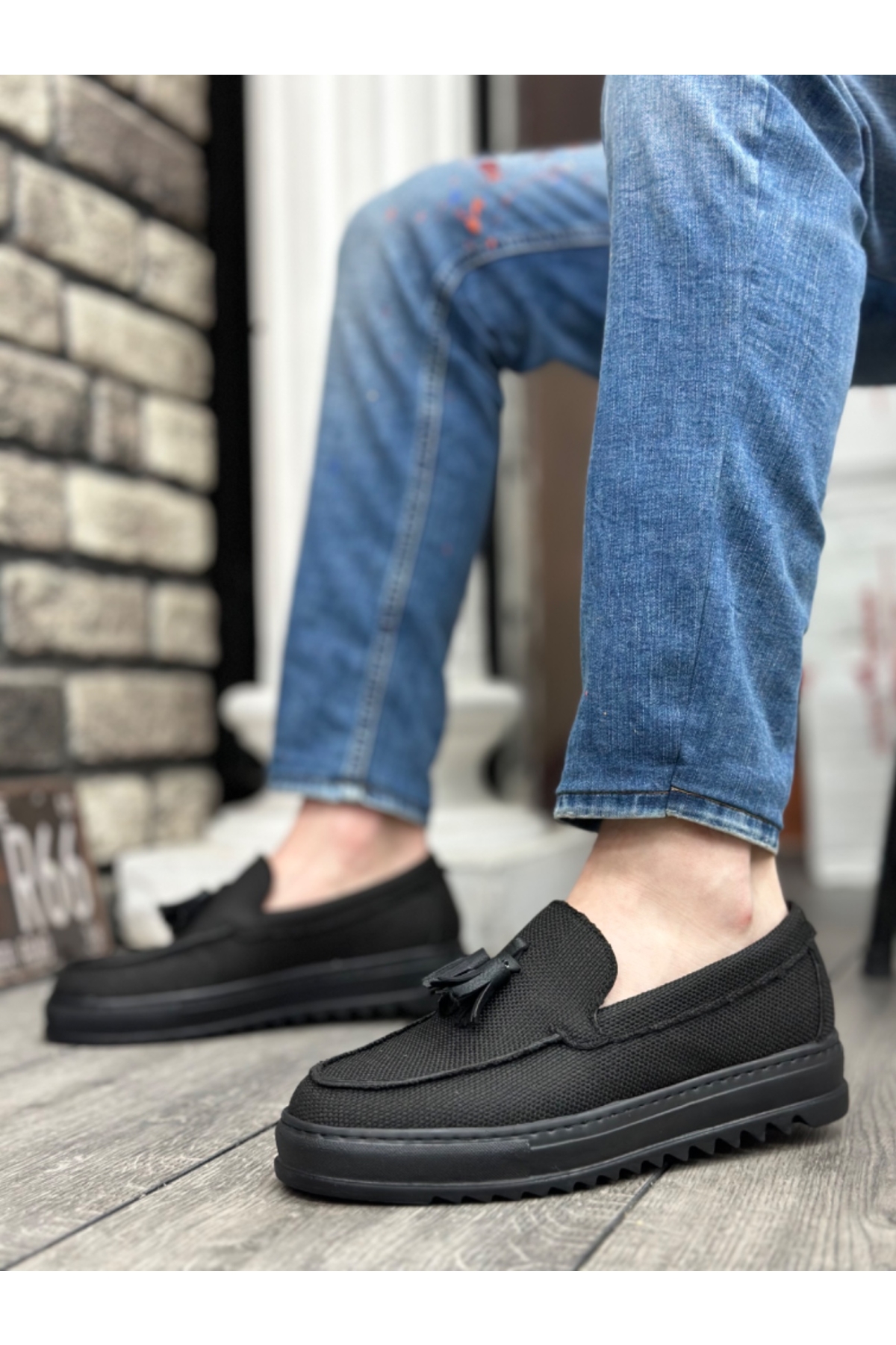 Bağcıksız Püsküllü Keten Erkek Ayakkabı SİYAH (SİYAH TABAN) - Görsel 3