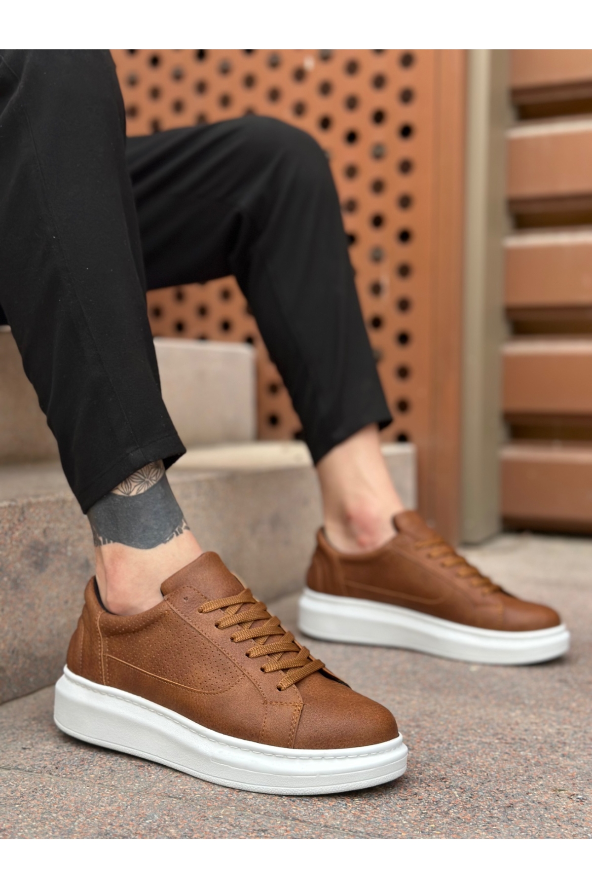 Bağcıklı Yüksek Taban Erkek Spor Ayakkabı TABA (BEYAZ TABAN) - Görsel 2