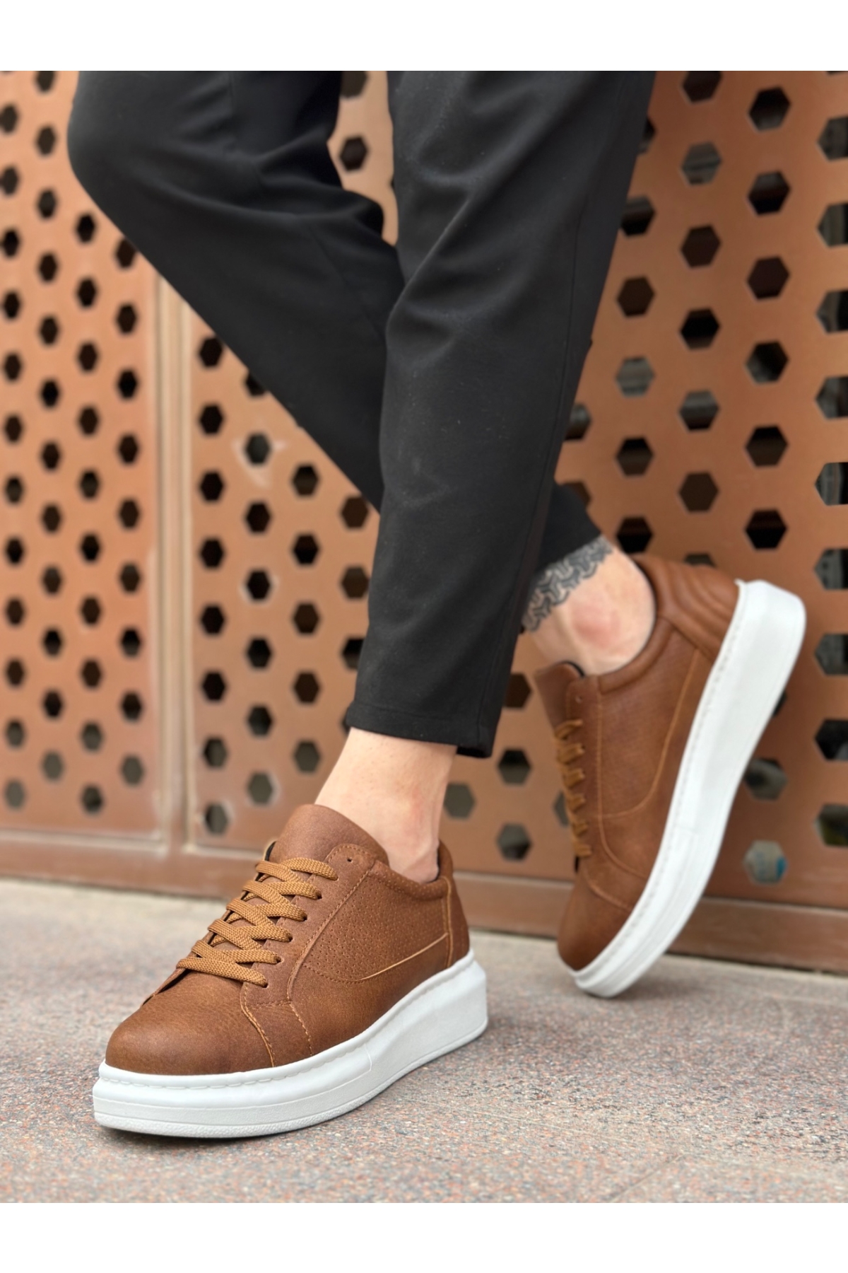 Bağcıklı Yüksek Taban Erkek Spor Ayakkabı TABA (BEYAZ TABAN) - Görsel 3