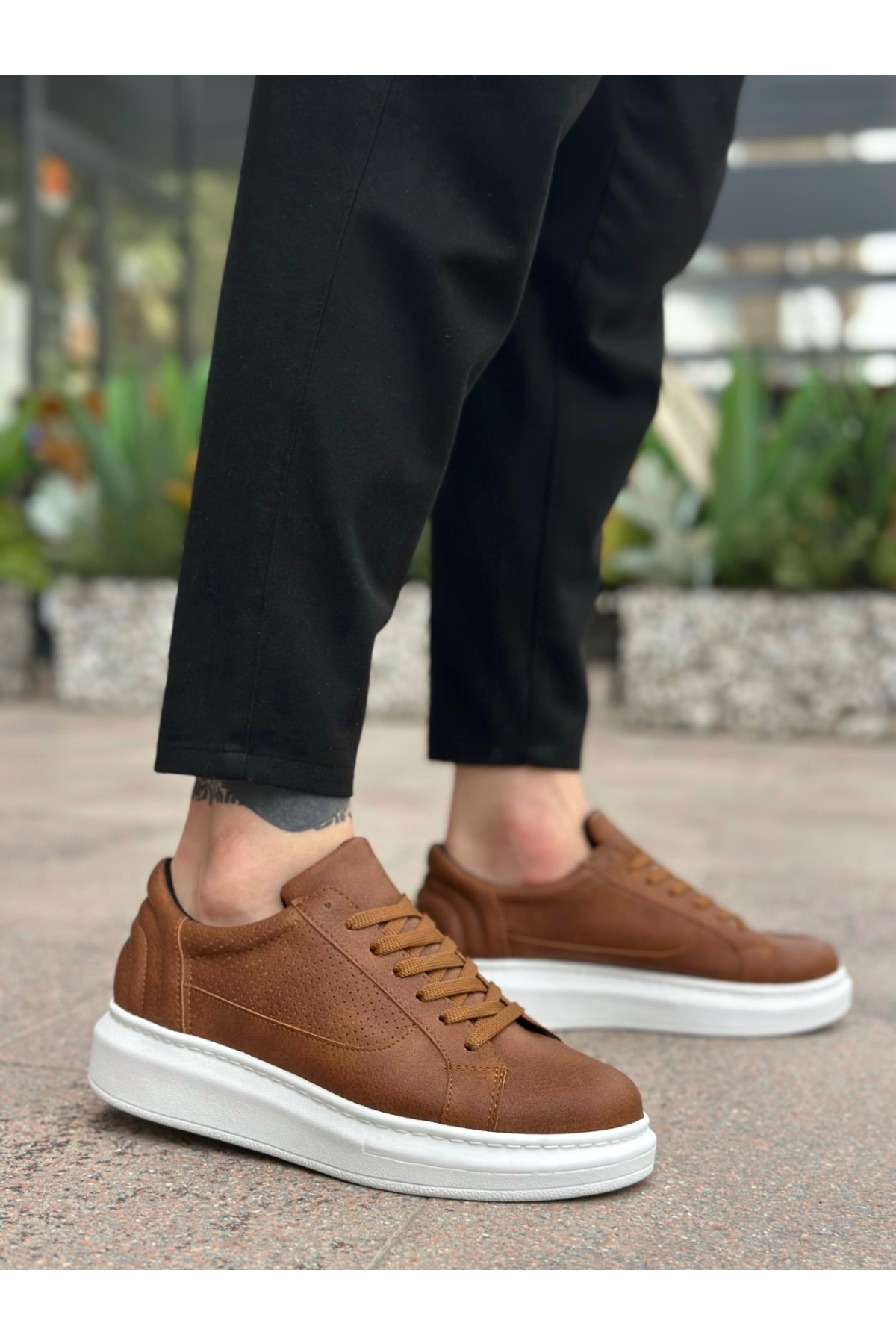 Bağcıklı Yüksek Taban Erkek Spor Ayakkabı TABA (BEYAZ TABAN) - Görsel 4