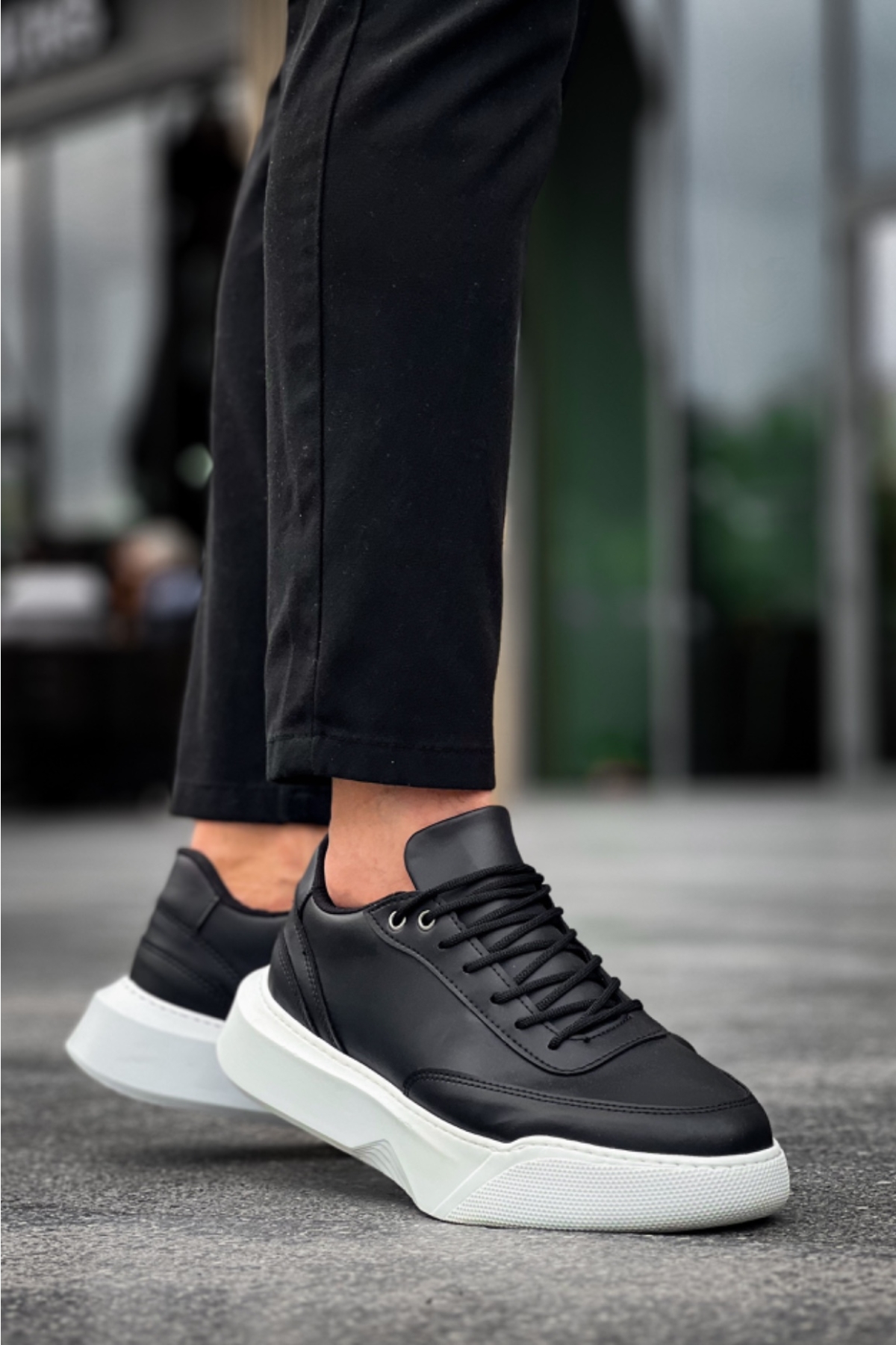 Bağcıklı Erkek Spor Ayakkabı SİYAH (BEYAZ TABAN) - Görsel 2