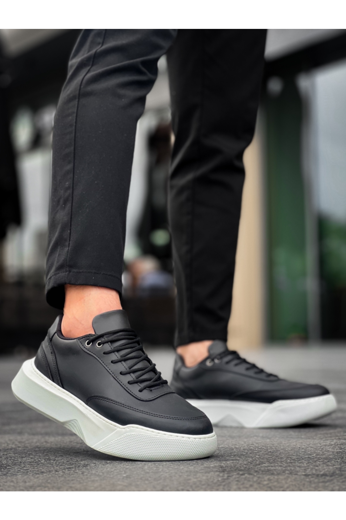 Bağcıklı Erkek Spor Ayakkabı SİYAH (BEYAZ TABAN) - Görsel 6