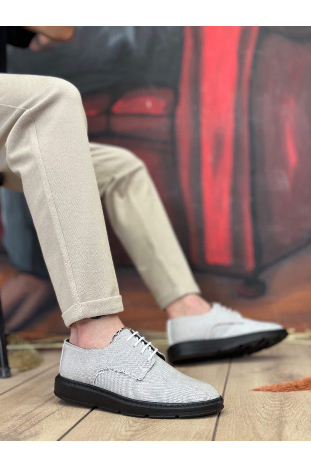 Bağcıklı Casual Erkek Ayakkabı GRİ KETEN (SİYAH TABAN) - Görsel 2