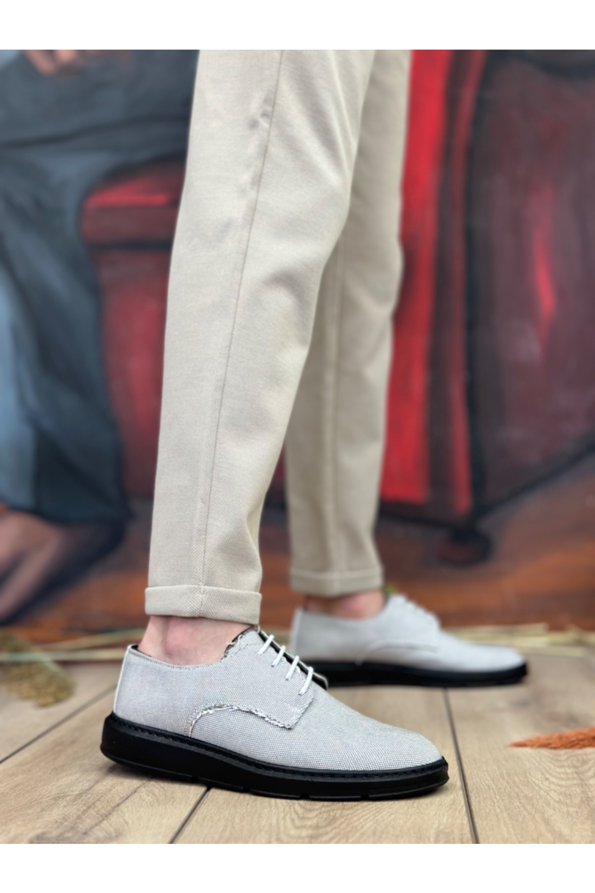 Bağcıklı Casual Erkek Ayakkabı GRİ KETEN (SİYAH TABAN) - Görsel 3
