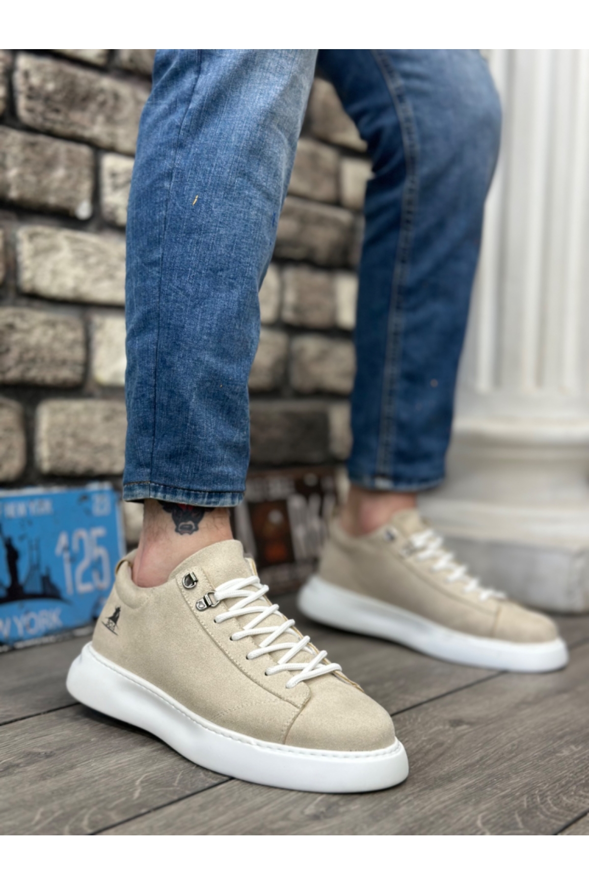 Bağcıklı Erkek Spor Ayakkabı KREM SÜET (BEYAZ TABAN) - Görsel 2