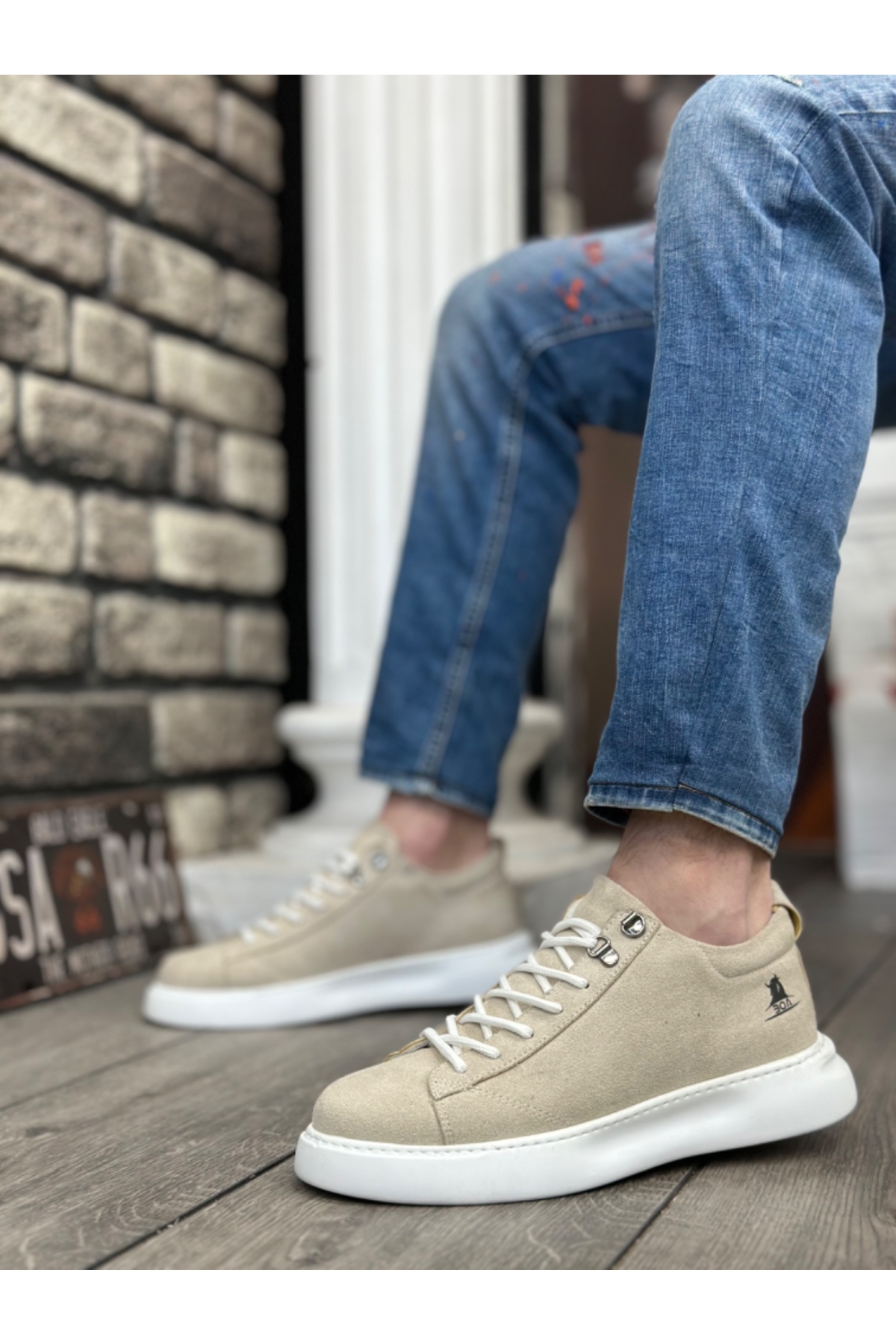 Bağcıklı Erkek Spor Ayakkabı KREM SÜET (BEYAZ TABAN) - Görsel 3