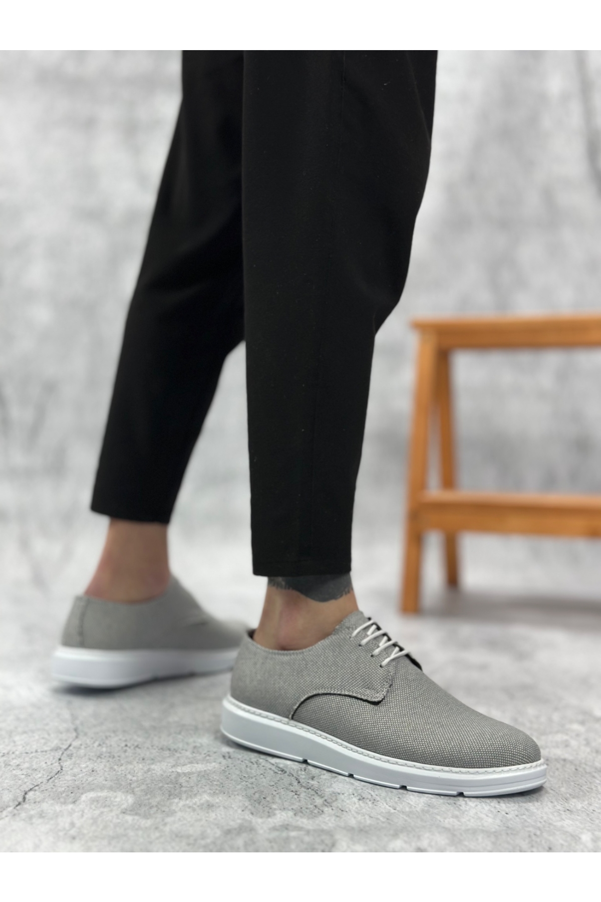 Bağcıklı Keten Casual Erkek Ayakkabı KOYU GRİ (BEYAZ TABAN) - Görsel 2