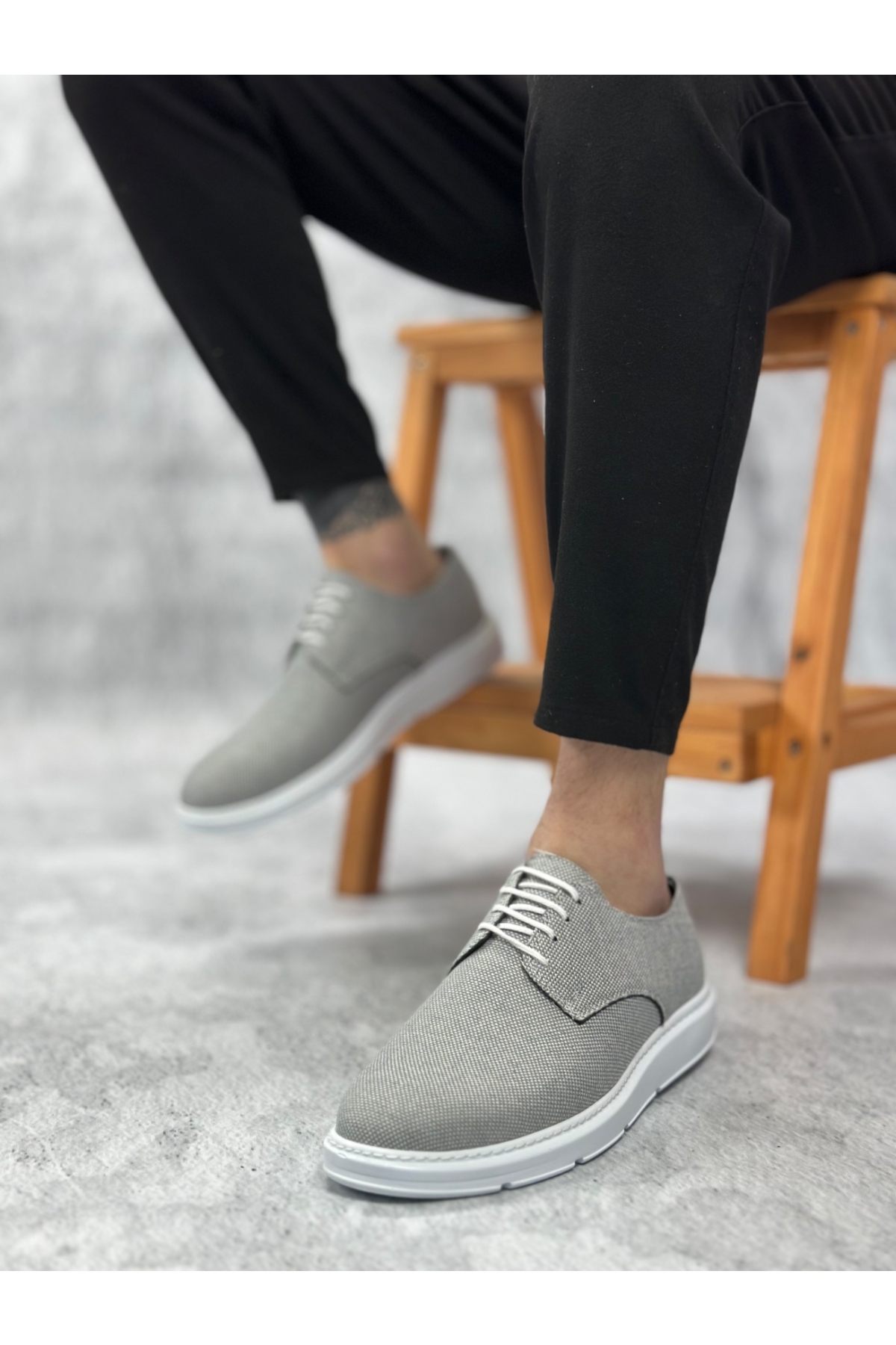 Bağcıklı Keten Casual Erkek Ayakkabı KOYU GRİ (BEYAZ TABAN) - Görsel 3
