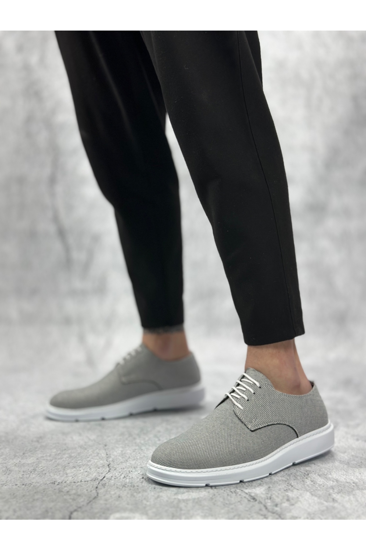 Bağcıklı Keten Casual Erkek Ayakkabı KOYU GRİ (BEYAZ TABAN) - Görsel 4