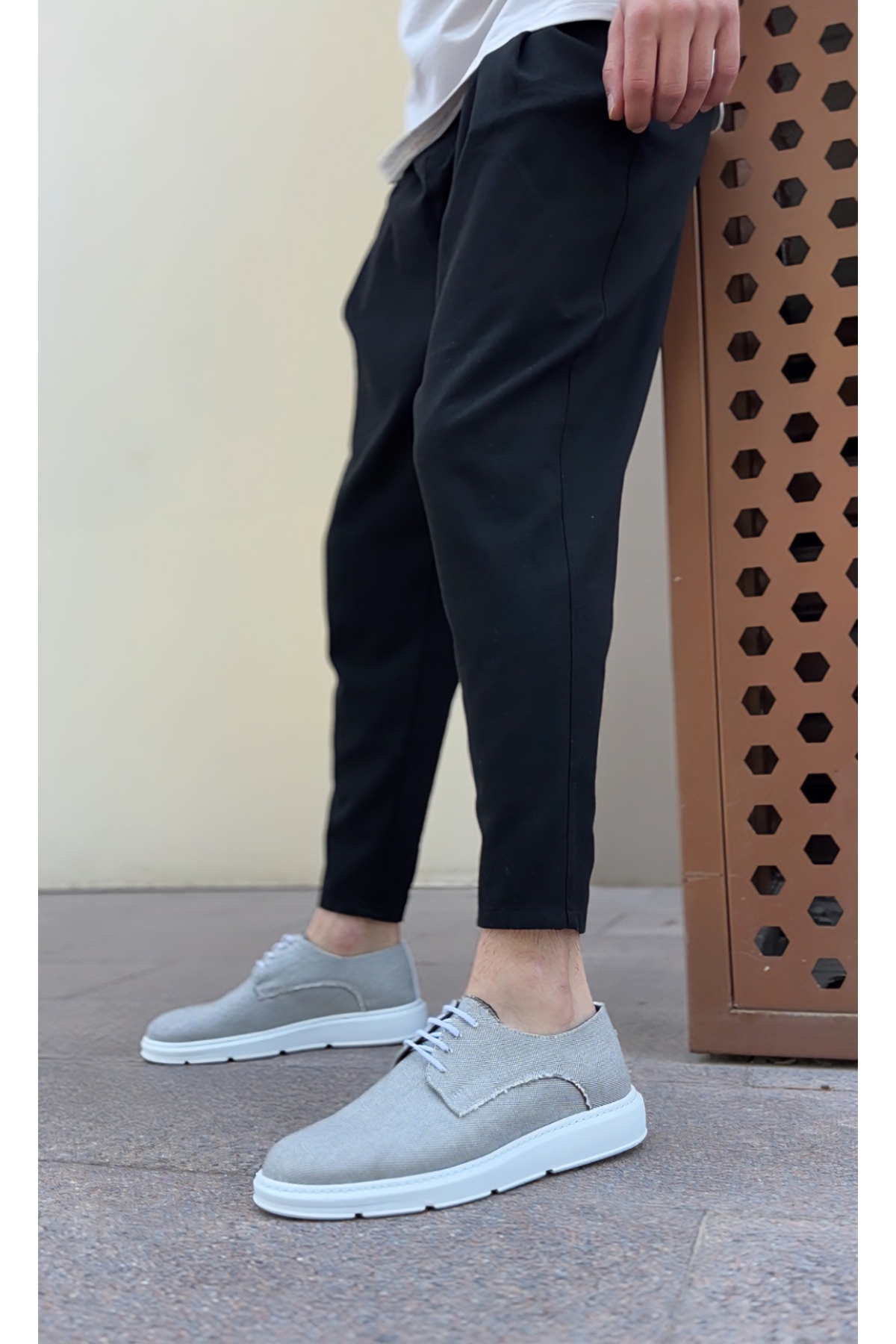 Bağcıklı Casual Erkek Ayakkabı GRİ KETEN (BEYAZ TABAN) - Görsel 3