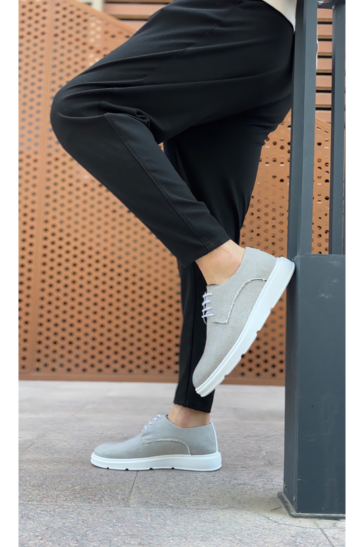 Bağcıklı Casual Erkek Ayakkabı GRİ KETEN (BEYAZ TABAN) - Görsel 4
