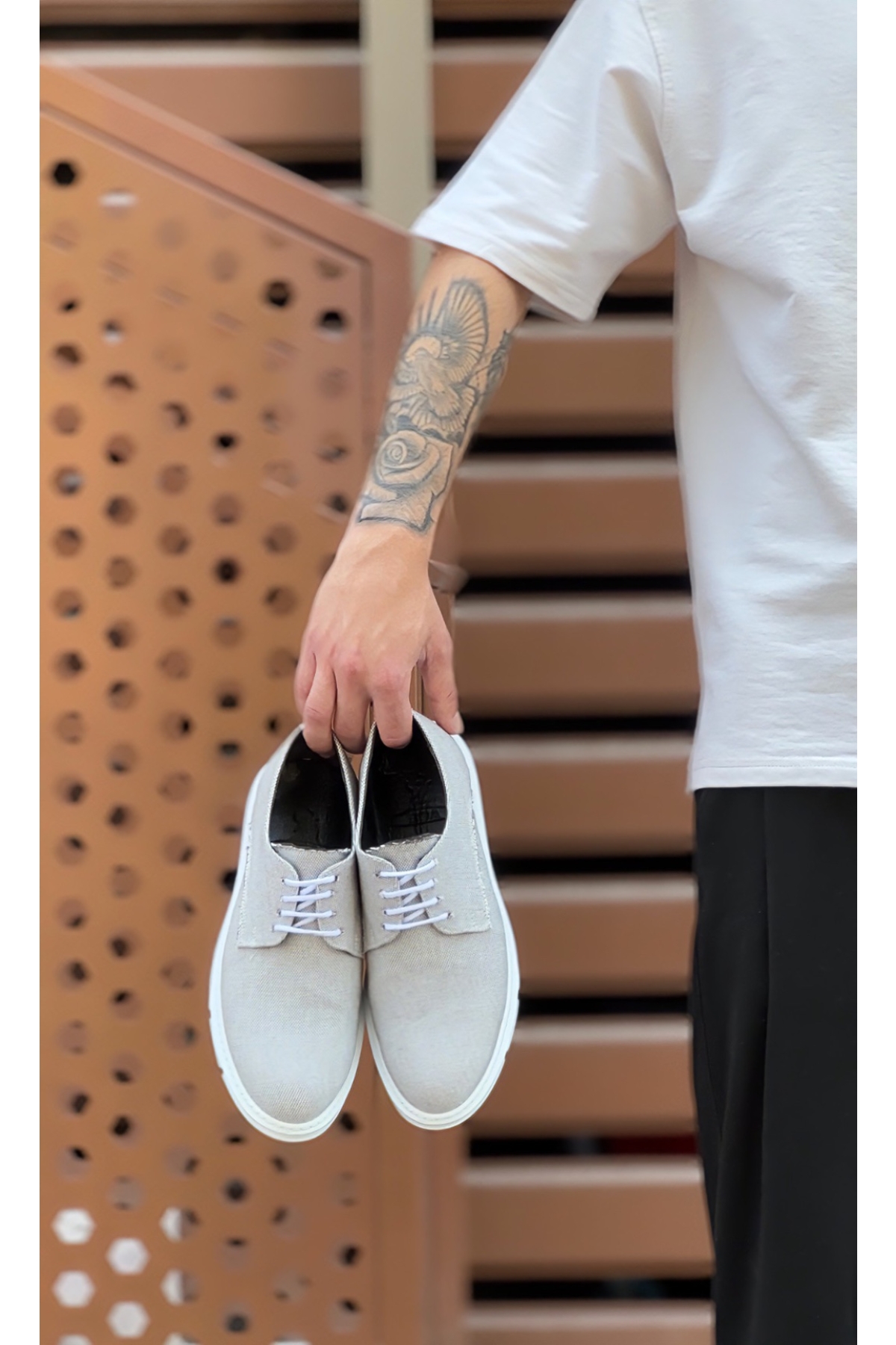 Bağcıklı Casual Erkek Ayakkabı GRİ KETEN (BEYAZ TABAN) - Görsel 5
