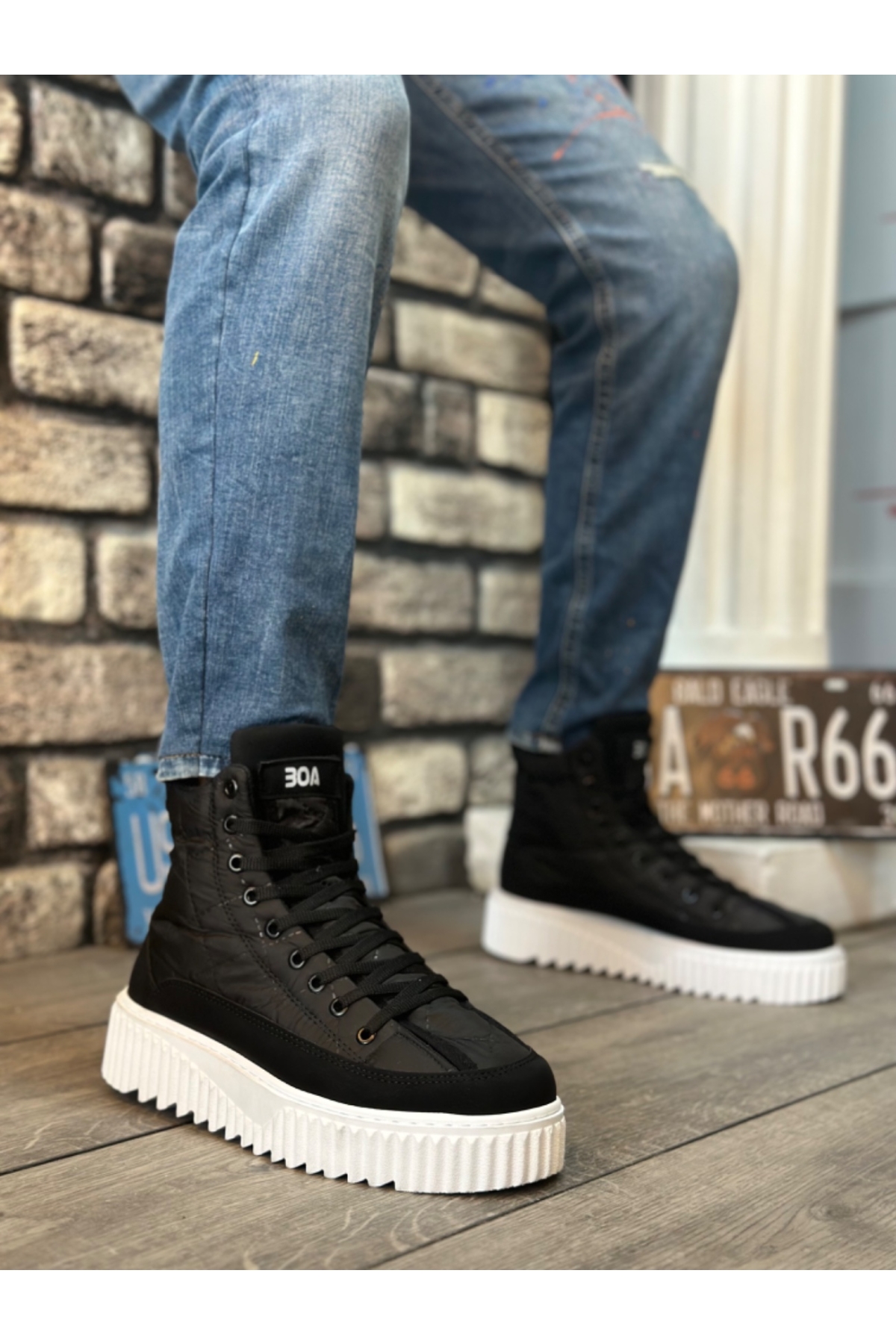 Bağcıklı Paraşüt Kumaş Siyah Detaylı Erkek Spor Bot SİYAH (BEYAZ TABAN) - Görsel 2