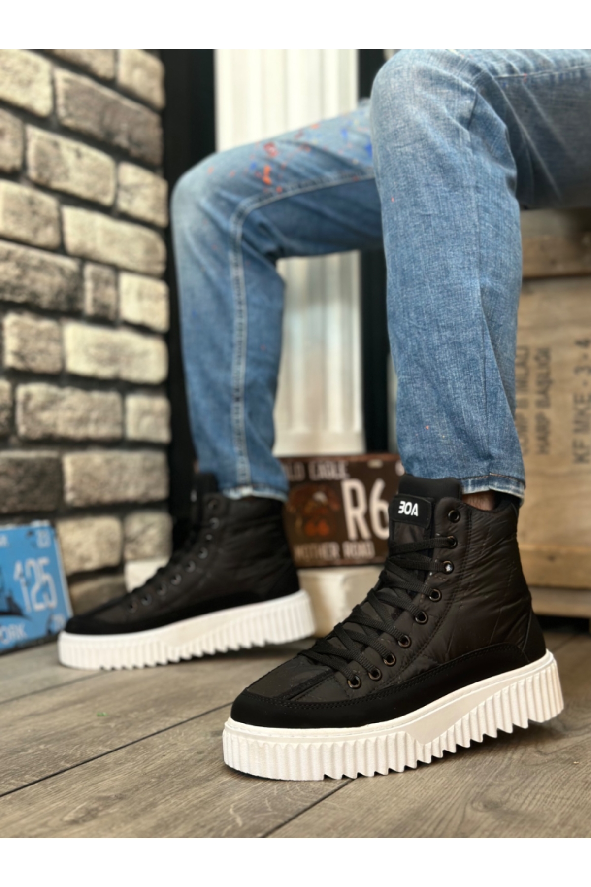 Bağcıklı Paraşüt Kumaş Siyah Detaylı Erkek Spor Bot SİYAH (BEYAZ TABAN) - Görsel 3