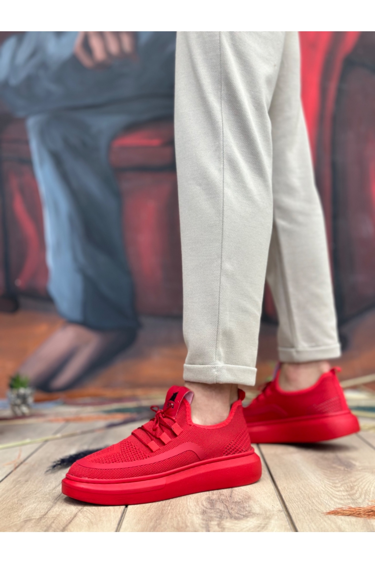 Bağcık Detaylı Triko Erkek Spor Ayakkabı KIRMIZI (BEYAZ TABAN) - Görsel 3