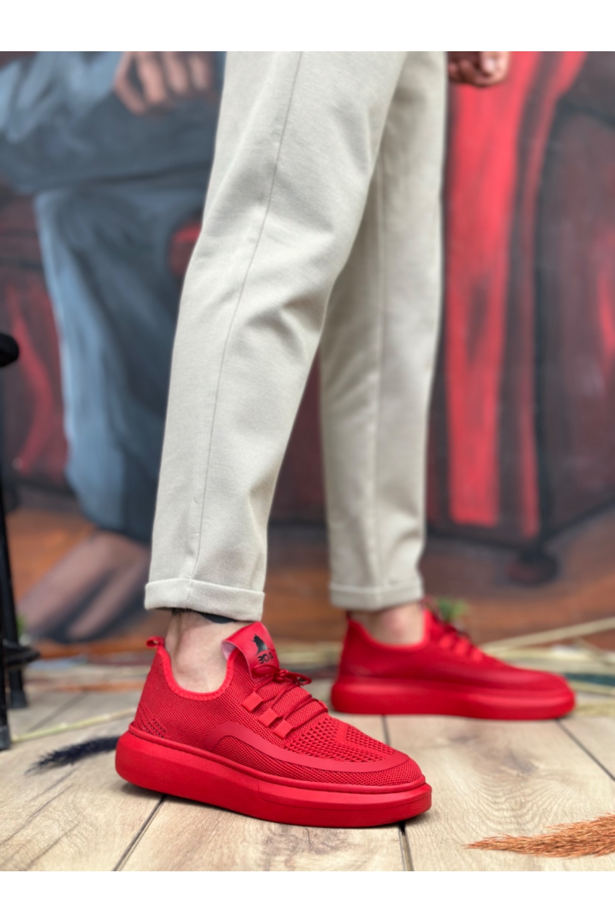 Bağcık Detaylı Triko Erkek Spor Ayakkabı KIRMIZI (BEYAZ TABAN) - Görsel 4