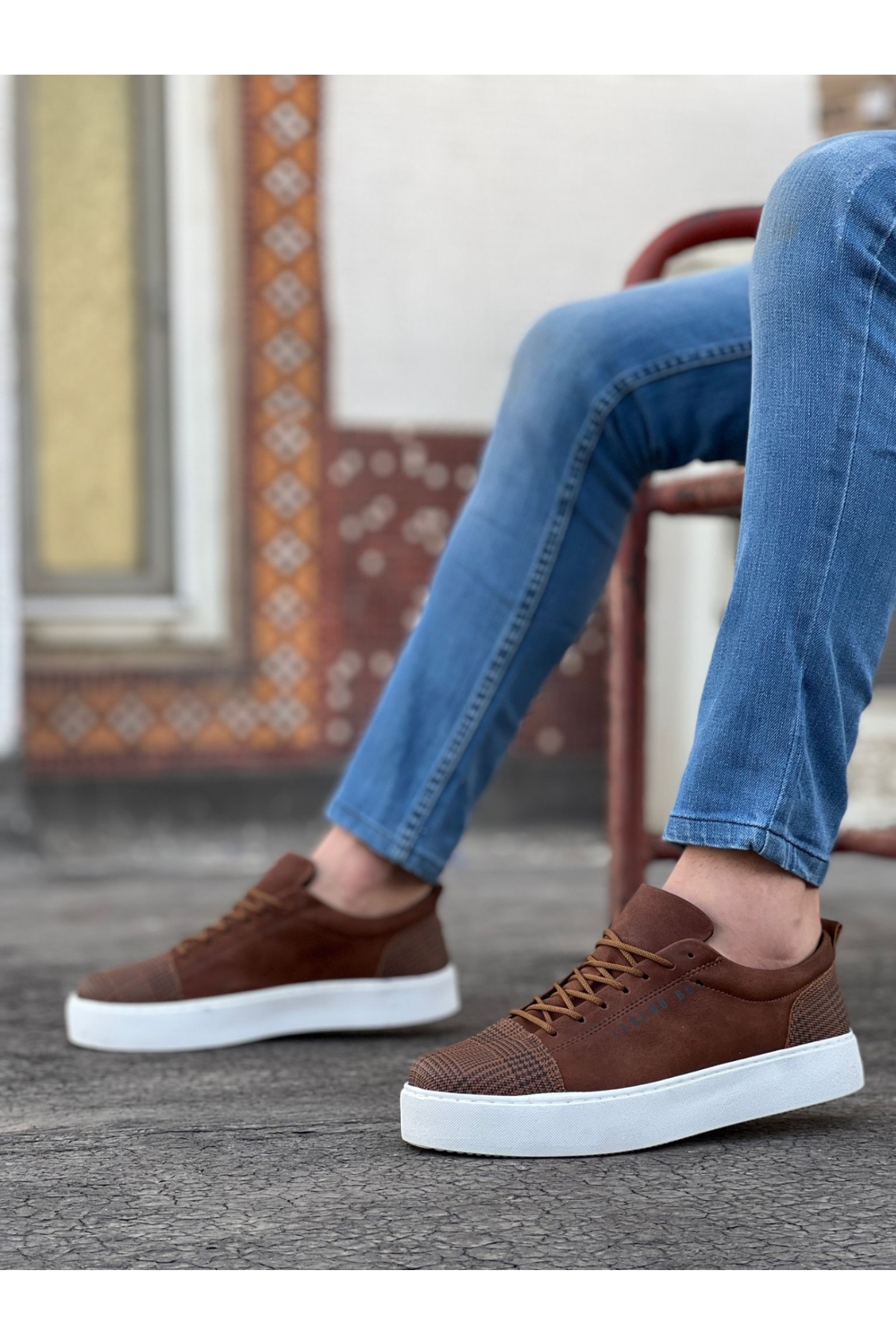 Bağcıklı Ekose Detaylı Erkek Spor Ayakkabı TABA (BEYAZ TABAN) - Görsel 3