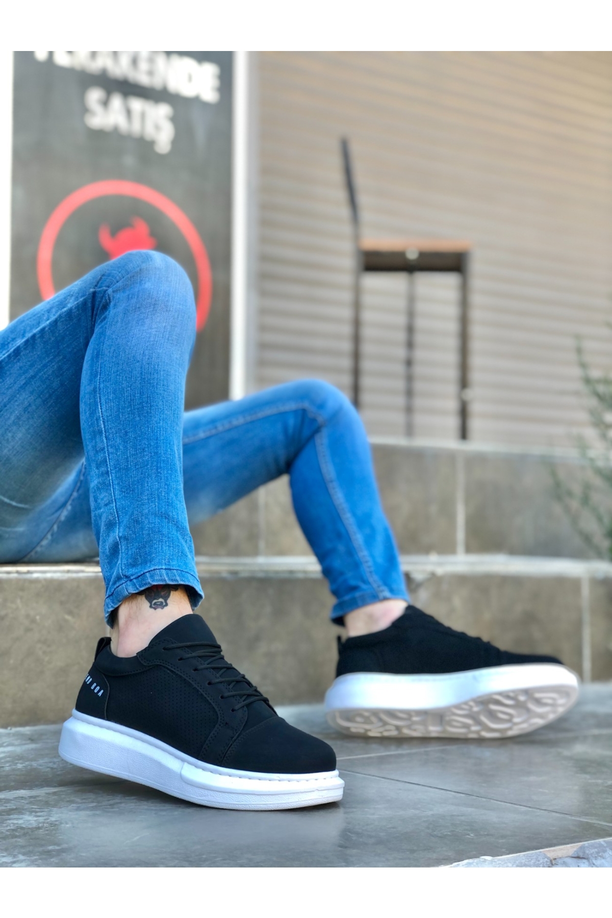 Bağcıklı Erkek Spor Ayakkabı SİYAH (BEYAZ TABAN) - Görsel 2