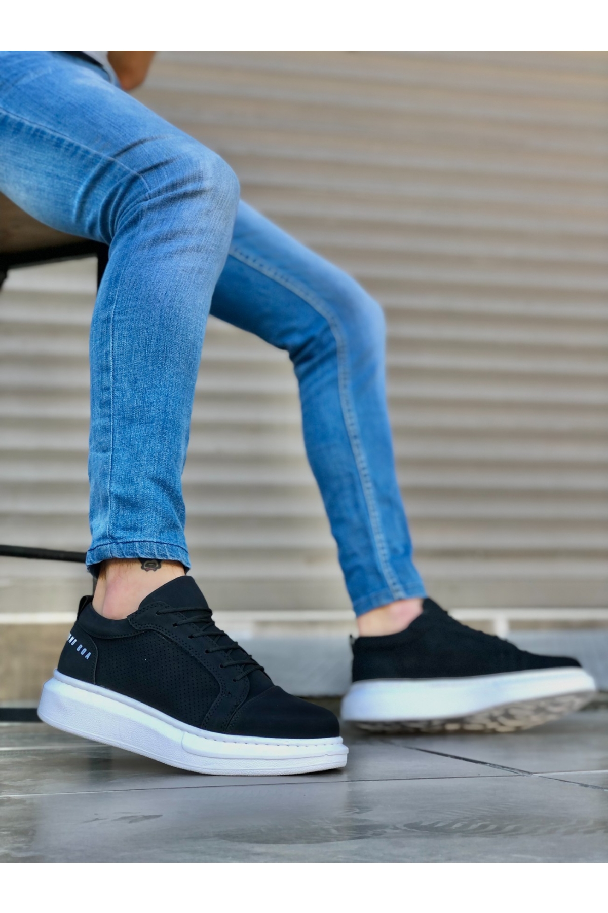 Bağcıklı Erkek Spor Ayakkabı SİYAH (BEYAZ TABAN) - Görsel 3